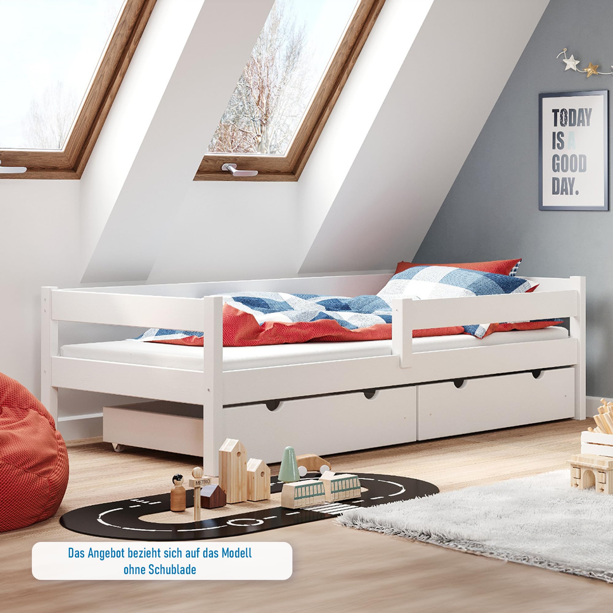 Kinderbett 90x200 cm mit Rausfallschutz & Lattenrost in Weiß, Einzelbett aus Kiefernholz für Kinder Mädchen Jungen Bett