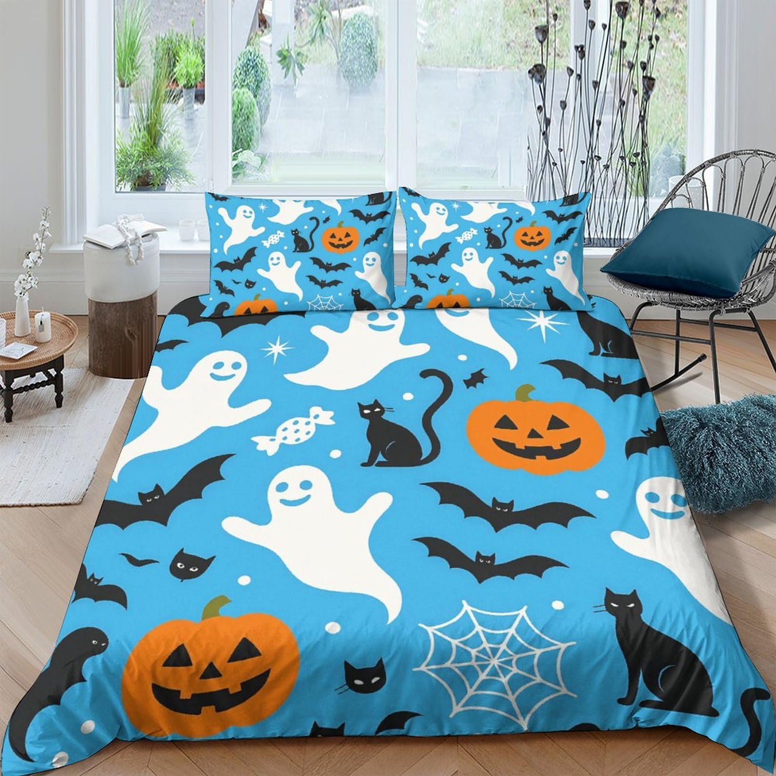 Ctjqhvkz Style-8 3D Printed Halloween Ghost Fitted Sheet Microfiber Soft Decor Pumpkin Cat Bat Mattress Cover For Bedroom Dorm Guest Room Single（135X200cm）