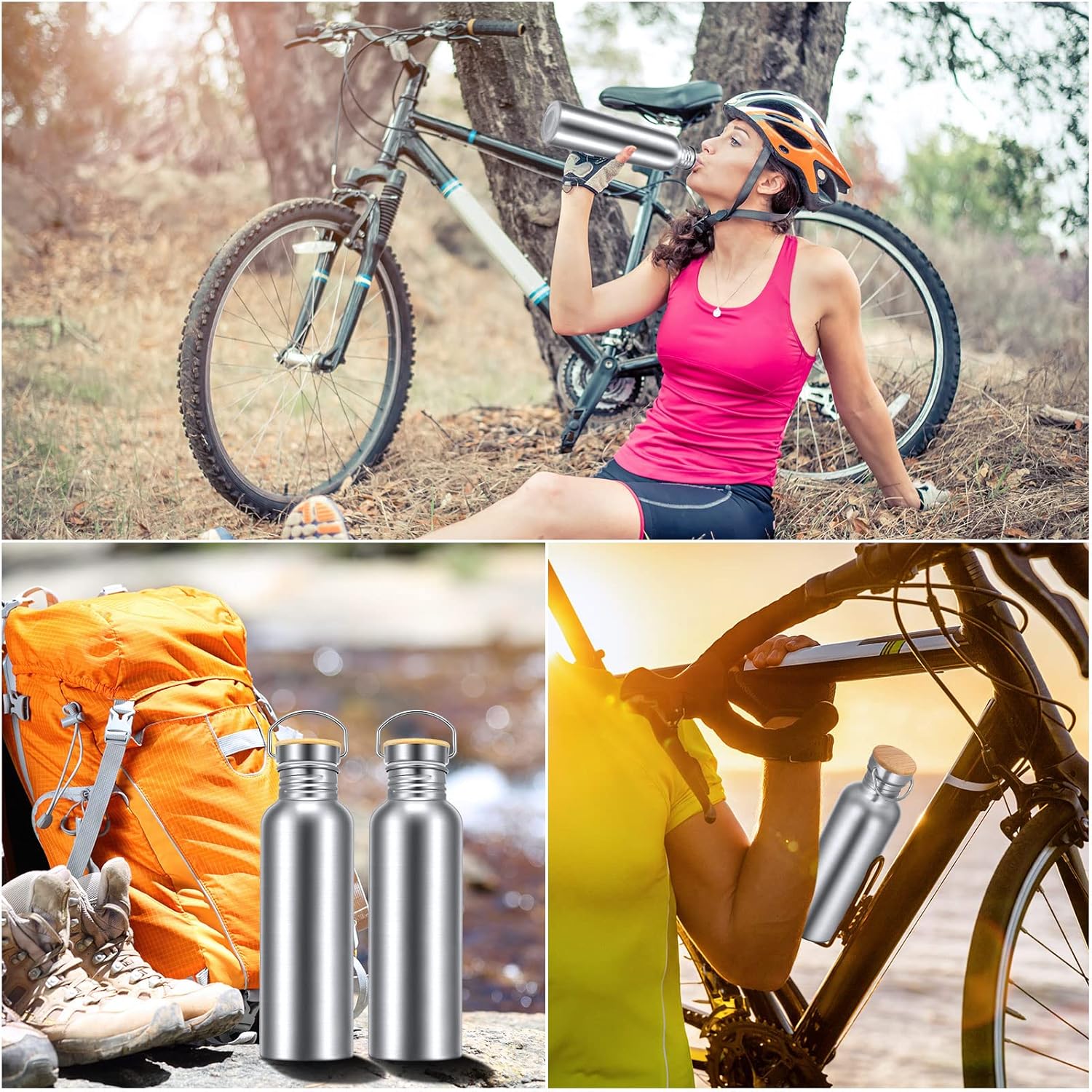 CHENGU 4 Pieces 34oz Single Wall Stainless Steel Water Bottles with Handle and Bamboo Lid Large Leakproof Metal Camping Bottles for Sports, Cyclists, Runners