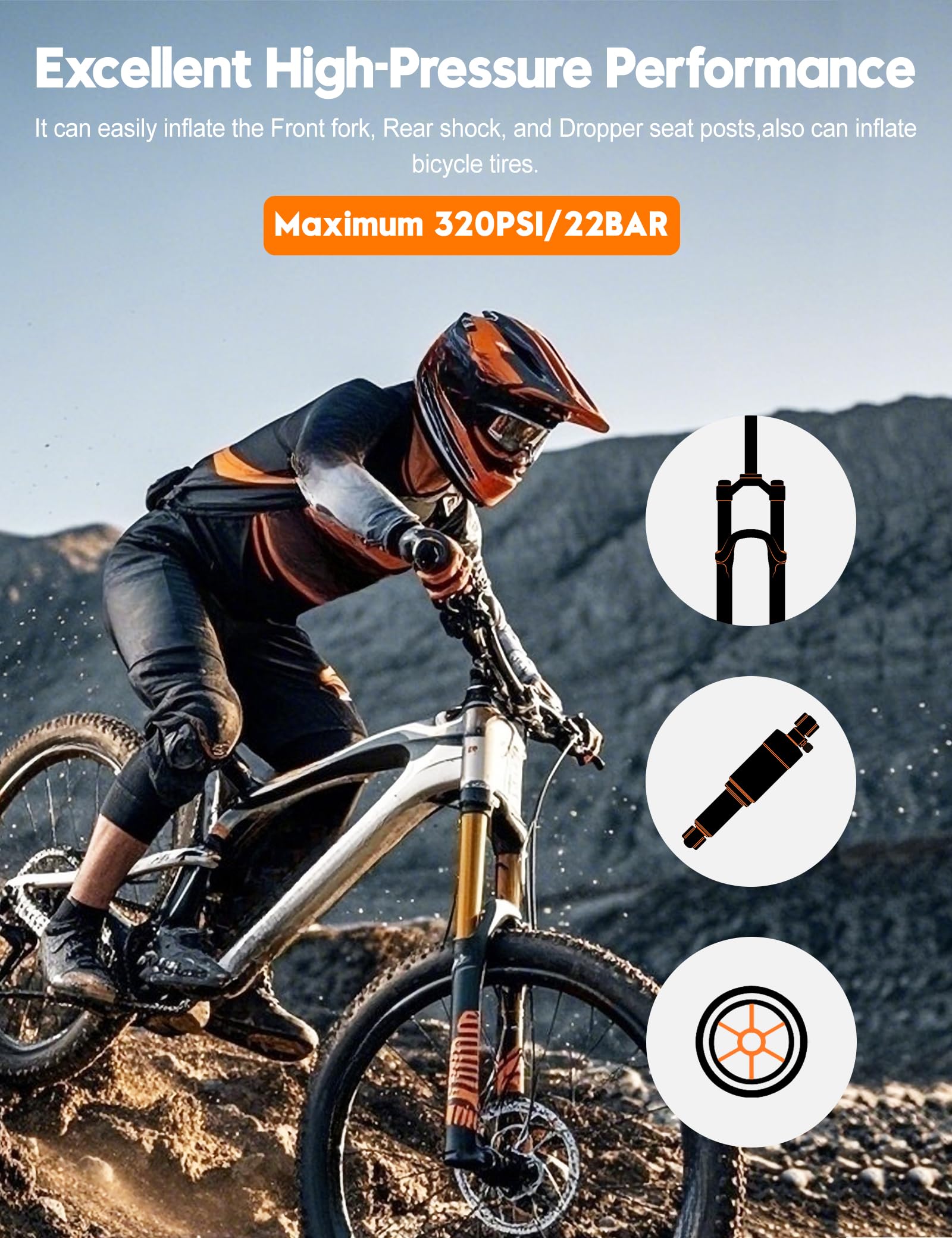 Tiakia Hochdruck Dämpferpumpe mit Digitaler Manometer 320PSI Für Luftdämpfer und federgabel,Tragbare fahrradpumpe Aluminium reifenpumpe Fahrrad Rahmenpumpen,Für Schrader/Presta、DH、MTB (Black)