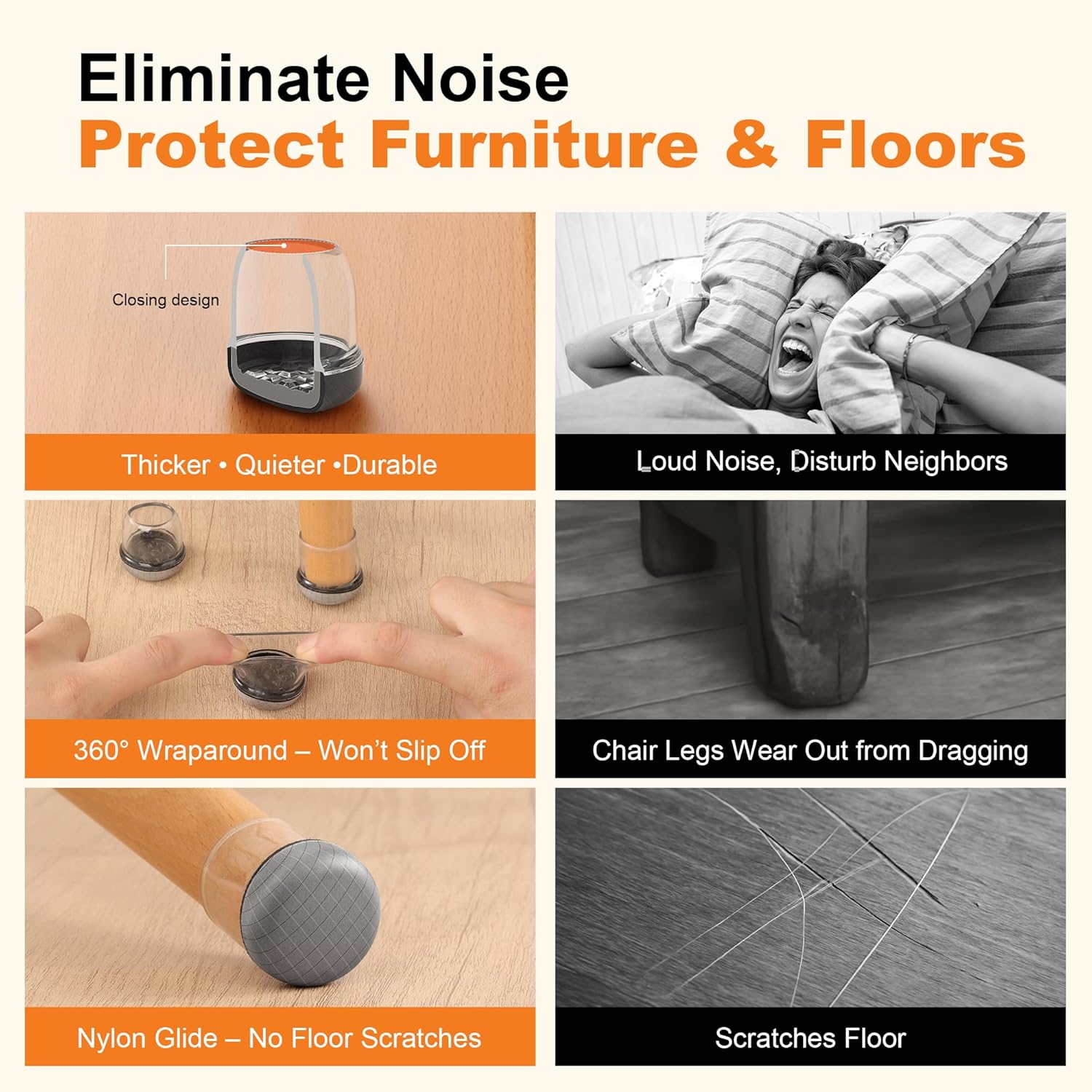 Chair Leg Floor Protectors for Hardwood Floors – Smooth Nylon Base Won’t Trap Cat or Dog Hair, Clear Silicone Caps No Scratch & Silent on Carpet & Tile (16 Pack, Fits 1/2" to 3/4")