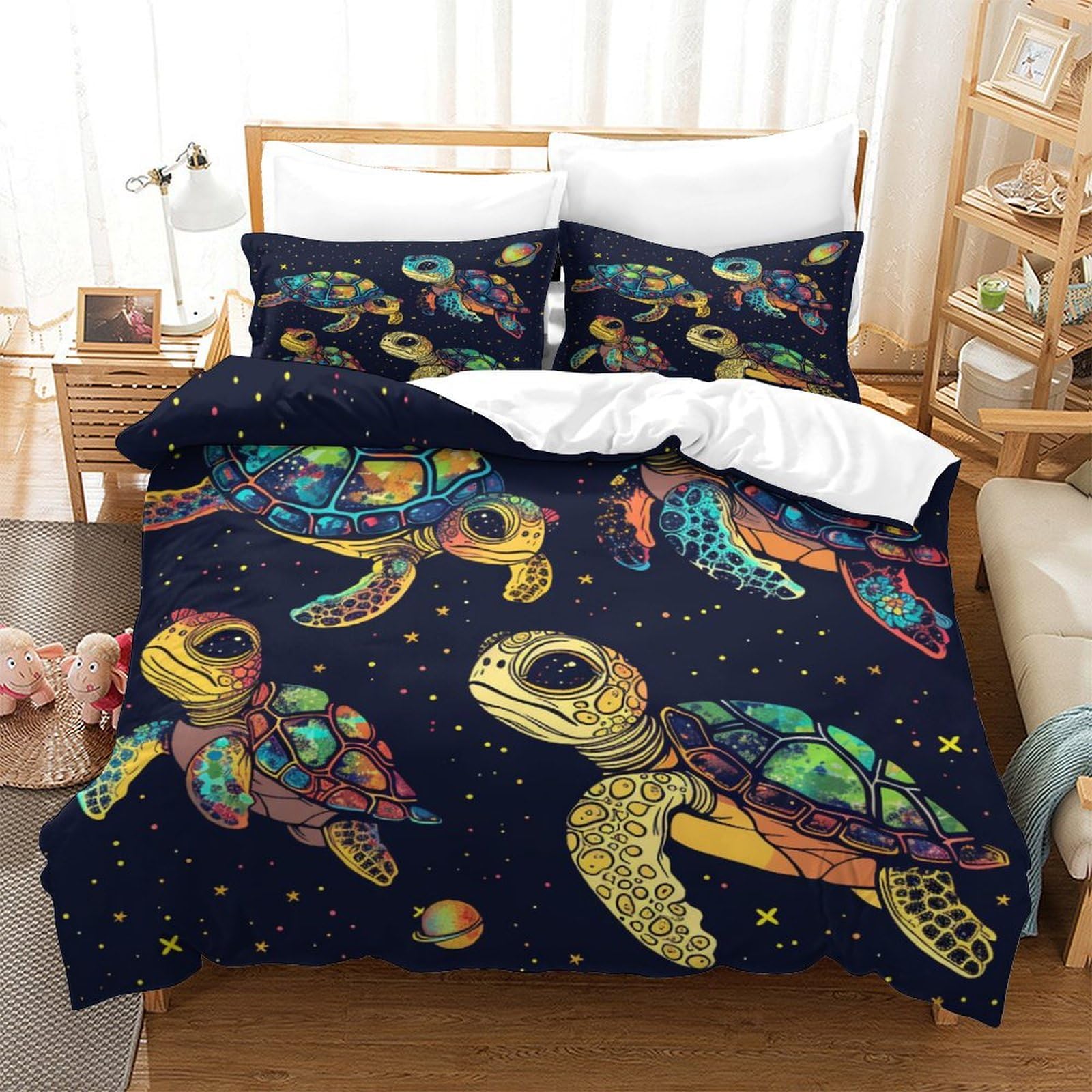 P1s9u7w5y Sea Turtle Galactic Turtle 3D Printed Microfiber 3Pcs Duvet Cover Set Ocean Tortoise Bedding Set Double（200X200cm）