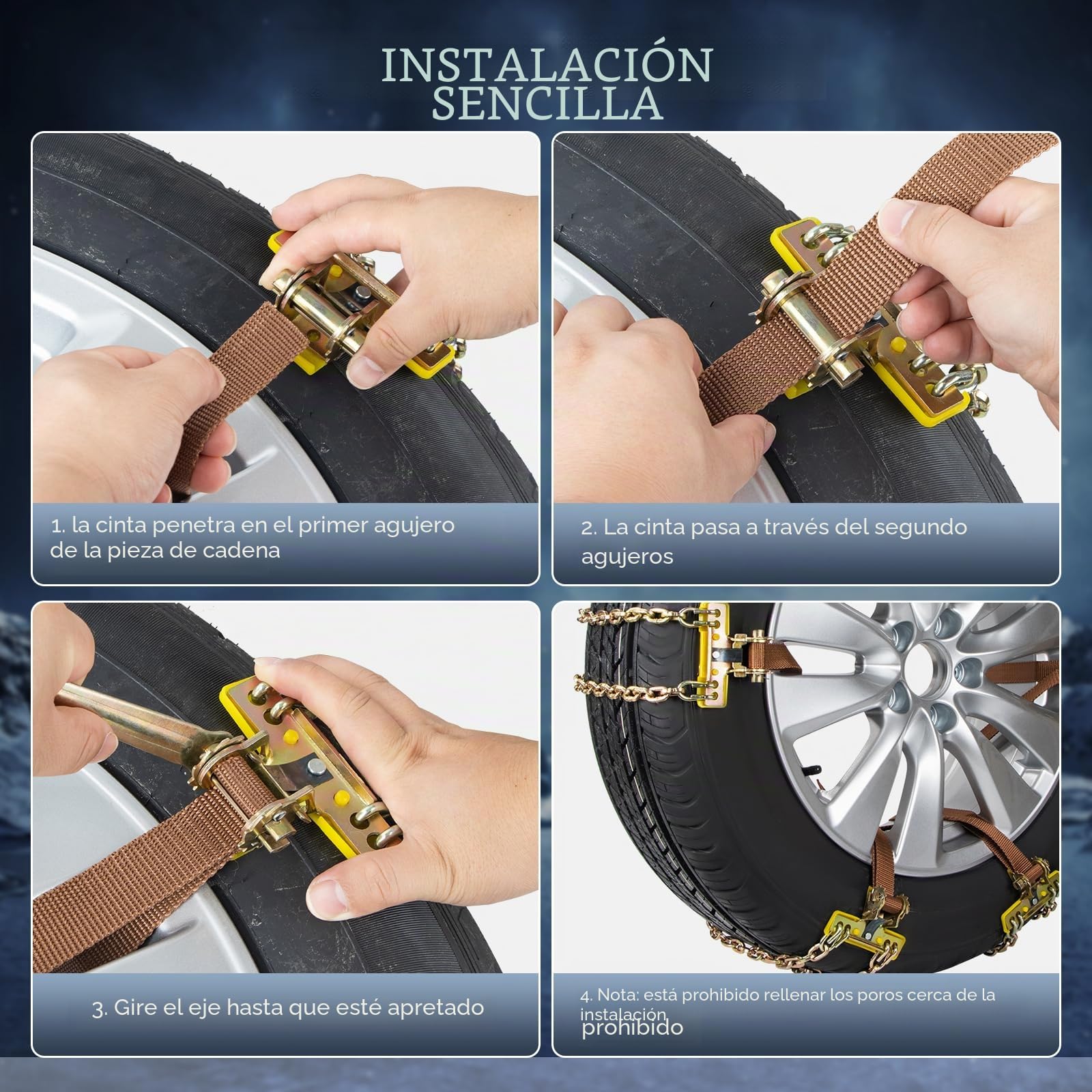 Cadenas para Nieve - Juego de 6 Ajustables y Resistentes Con Pala de Plástico y Guantes - Para Coches, Camiones, SUV - Ancho 165-265 mm