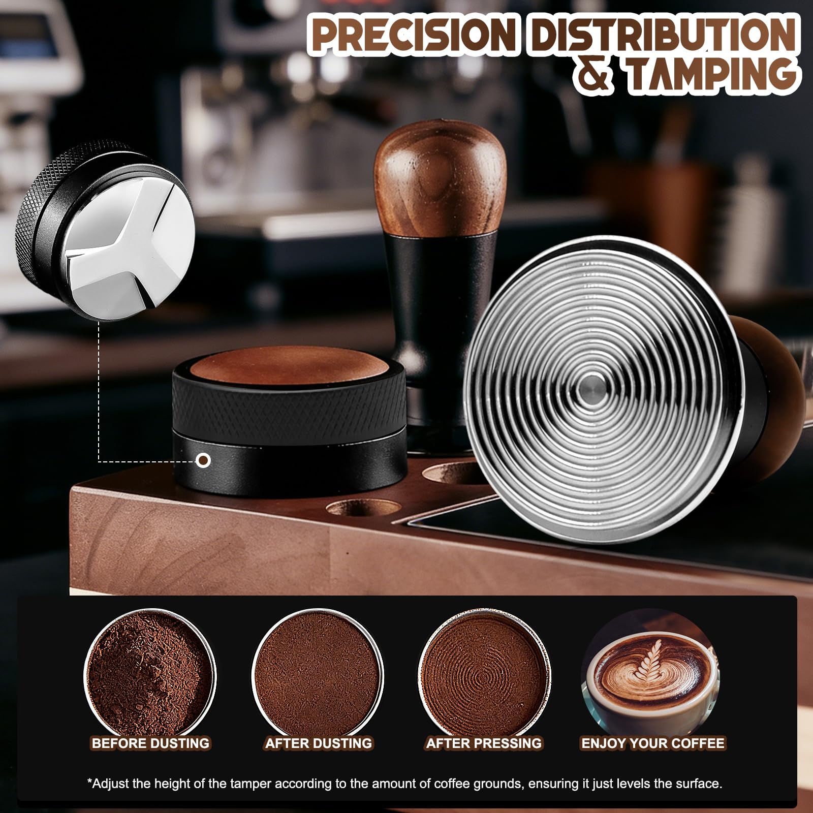 Tamper Café 58mm Professionnel, Distributeur de Poudre 58mm et Tapis en Silicone – Kit Barista Premium pour Espresso, Base Inox, Manche Bois, Outil de Tassage Compatible Porte-Filtre 58mm