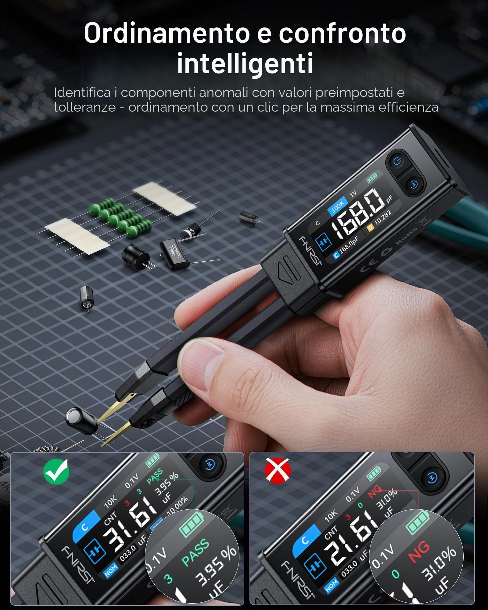 Tester LCR 100 kHz LCR ESR con pinze, tester per componenti SMD a punta, confronto di classificazione automatica, resistenza/induttanza/diodi/tester condensatore/scansione di banda