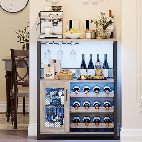 GarveeHome 3-Tier Wine Bar Cabinet with LED Lights & Wine Rack, Liquor Cabinet with Storage, Coffee Bar Cabinet with Glass Holder & Mesh Door, Sideboard Buffet Bar for Living Room, Dining Room, Grey