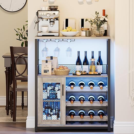 GarveeHome 3-Tier Wine Bar Cabinet with LED Lights & Wine Rack, Liquor Cabinet with Storage, Coffee Bar Cabinet with Glass Holder & Mesh Door, Sideboard Buffet Bar for Living Room, Dining Room, Grey