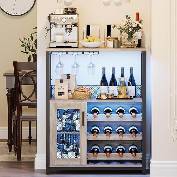 GarveeHome 3-Tier Wine Bar Cabinet with LED Lights & Wine Rack, Liquor Cabinet with Storage, Coffee Bar Cabinet with Glass Holder & Mesh Door, Sideboard Buffet Bar for Living Room, Dining Room, Grey