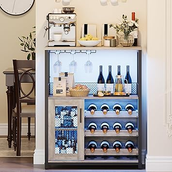 GarveeHome 3-Tier Wine Bar Cabinet with LED Lights & Wine Rack, Liquor Cabinet with Storage, Coffee Bar Cabinet with Glass Holder & Mesh Door, Sideboard Buffet Bar for Living Room, Dining Room, Grey