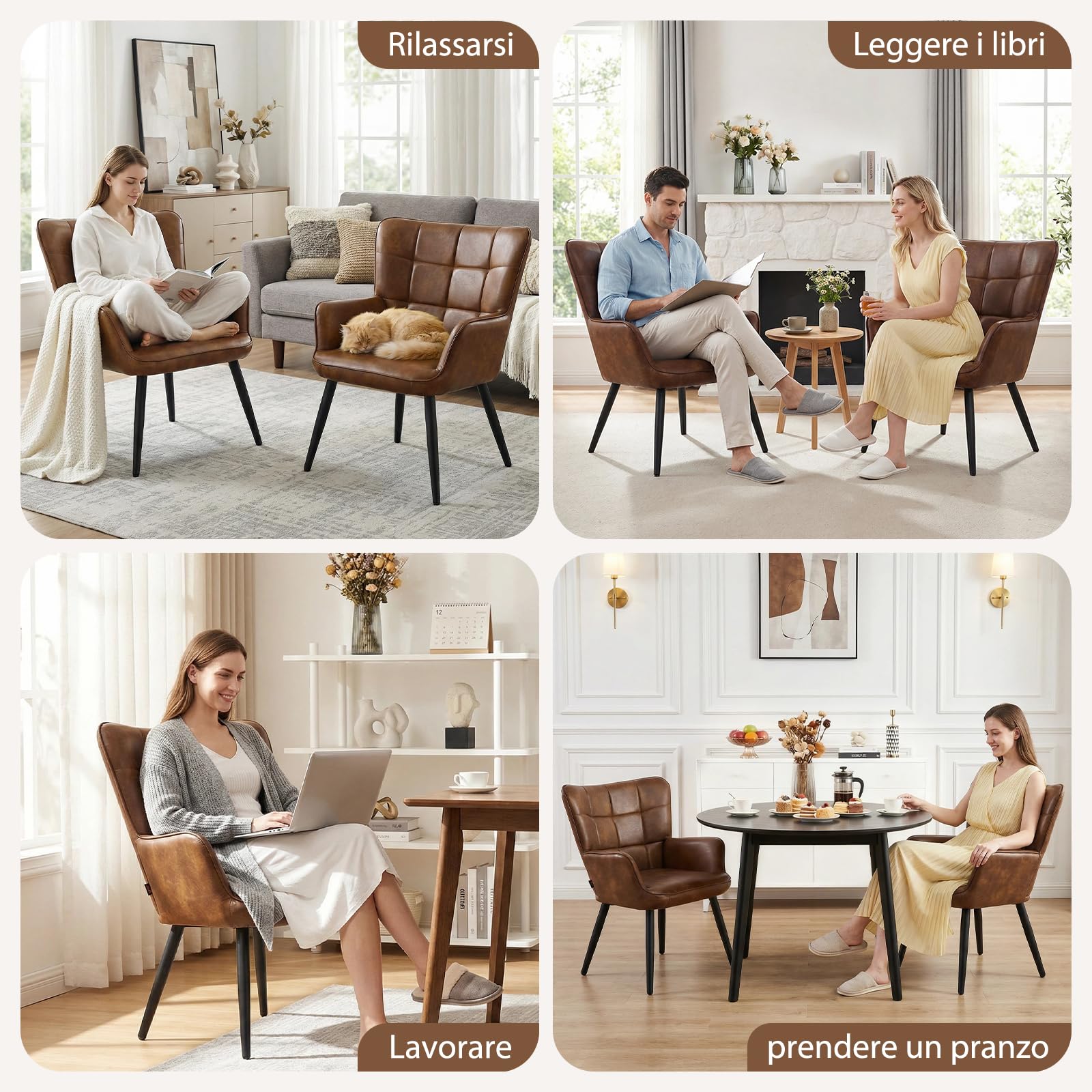 Set di 2 Poltrona Salotto Scandinava, Poltrona Camera da Letto in Finta Pelle, Poltroncina Imbottita Sedie Sala da Pranzo con Braccioli per Soggiorno Camera da Letto Sale da Pranzo, Marrone
