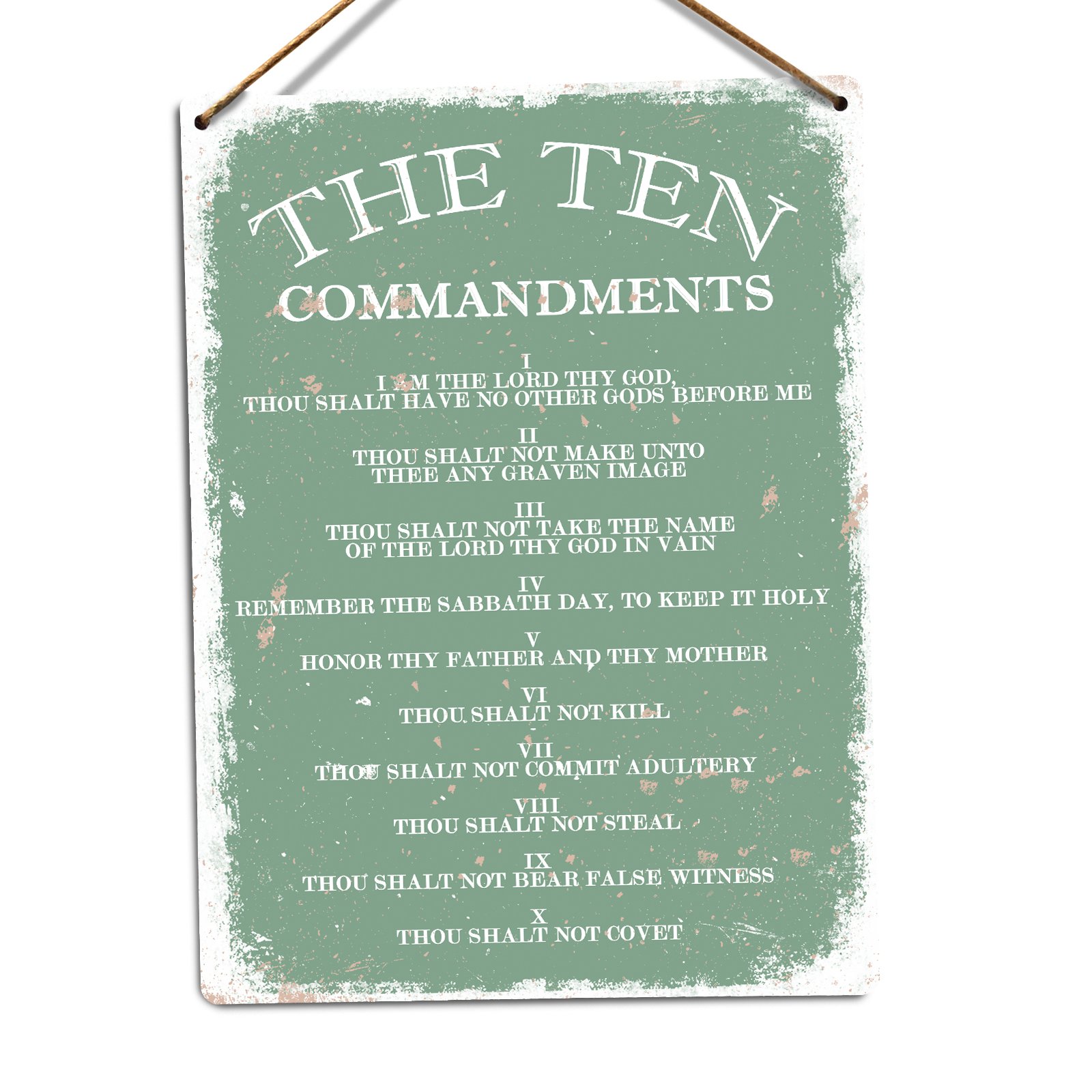The Ten Commandments V1 (Green) Twine - Metal Wall Sign Plaque Art Inspirational