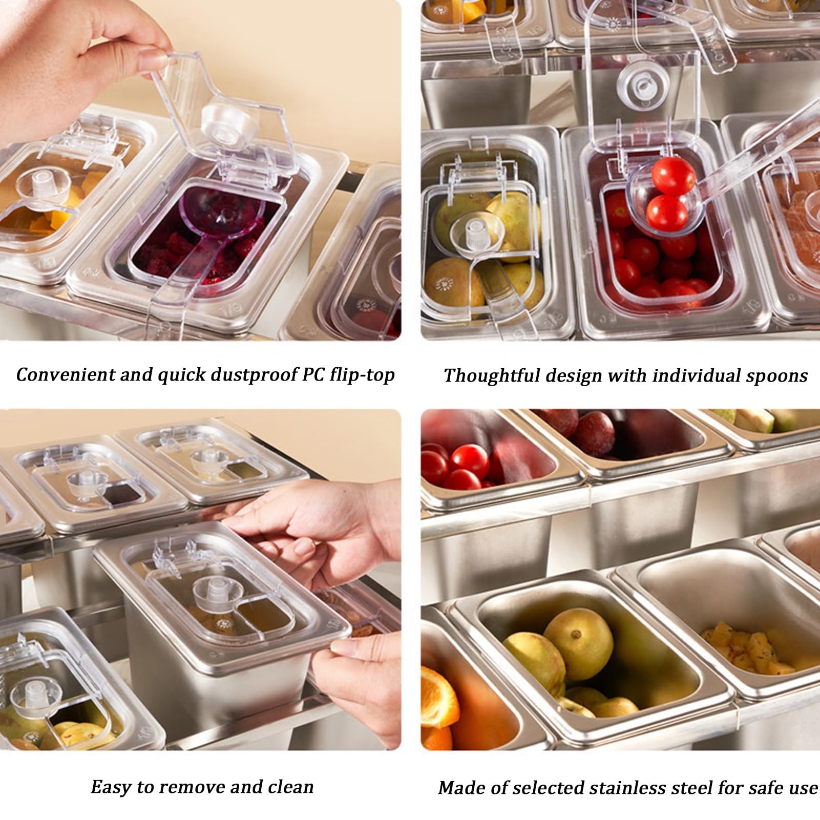 Questa Stazione per condimenti per Pizza con Coperchio Ribaltabile e Set di Palette, Supporto Organizer per spezie in Acciaio Inossidabile, Porta guarnizioni Inclinato da banco per Salse, ma