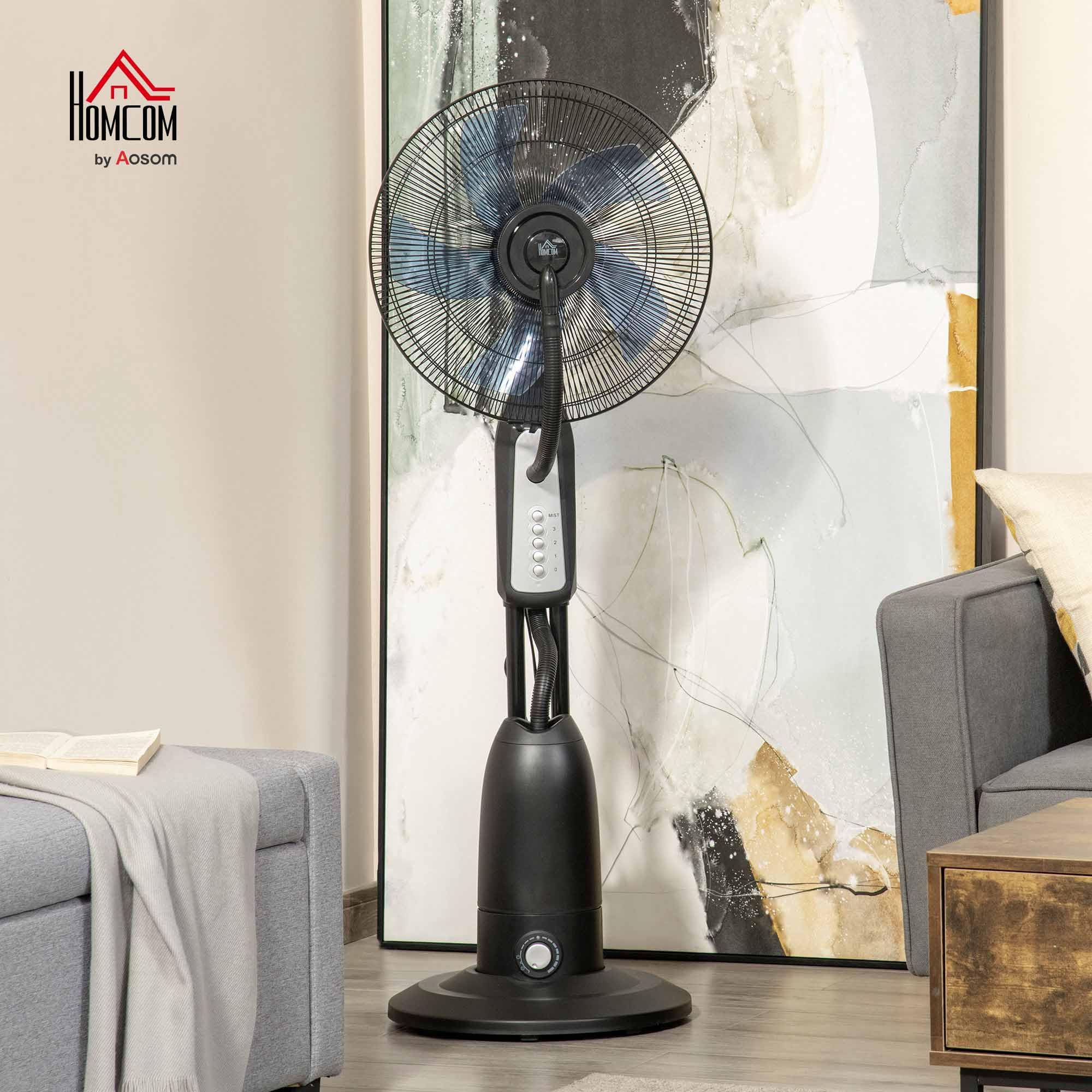 HOMCOM Ventilatore Nebulizzatore 90W con 4 Velocità e Serbatoio 2.8L, Ventilatore a Piantana con 4 Ruote, Metallo PE ABS, 44.5x44.5x120 cm, Argento e Nero