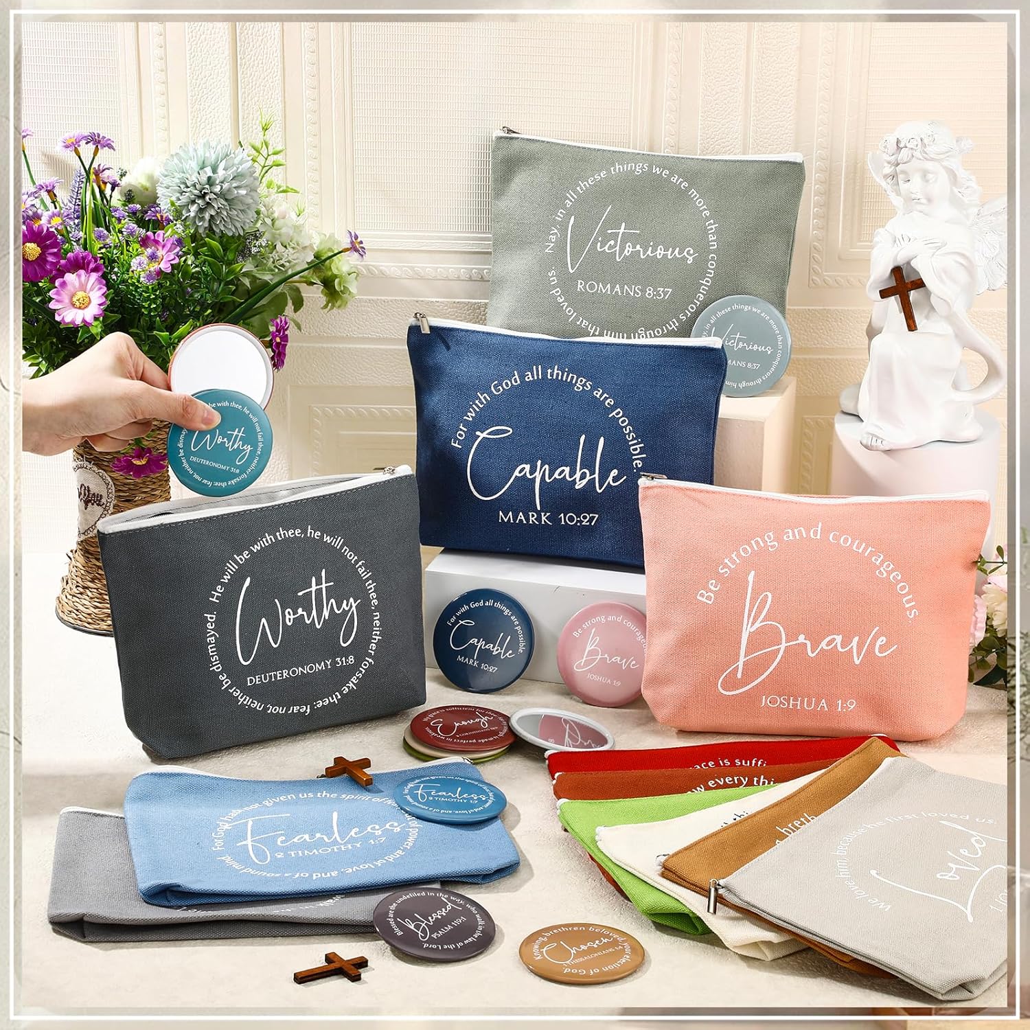 Geelin 12 Sets Christian Catholic Gifts for Women Religious Makeup Bags and Compact Mirrors Mother's Day Inspirational Gifts for Teacher Nurse Staff Coworker Church Bible Study Group Member (Classic)