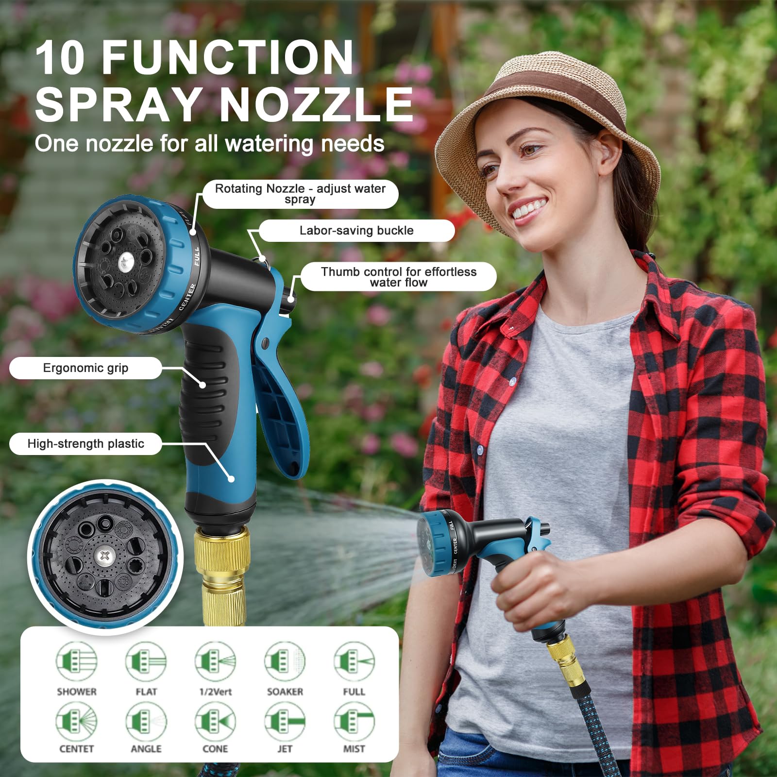 Tuyau d'arrosage extensible Pgtc 30m/100ft, Tuyau d'eau flexible triple couche, Pistolet de pulvérisation à 10 fonctions avec raccords 3/4" et 1/2", Tuyau d'arrosage rétractable extra-long léger pour