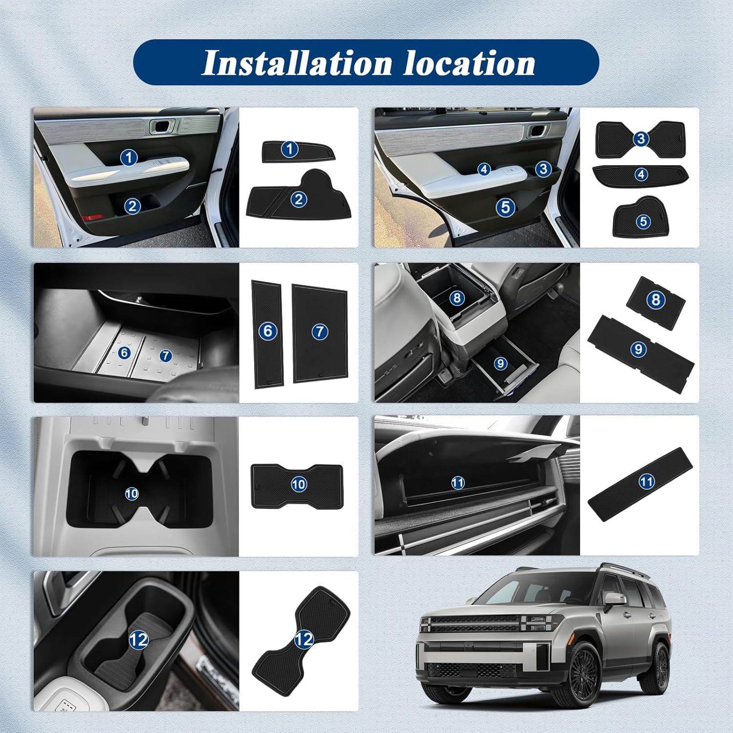 BIBIBO 18Pcs 2025 Santa Fe Car Gate Slot Mats for 2024 2025 Hyundai Santa Fe Interior Trim Door Slot Pads 2024 2025 Santa Fe Console Liner Mats,2025 Santa Fe Non-Slip Cup Holder Insert Mats (Black)