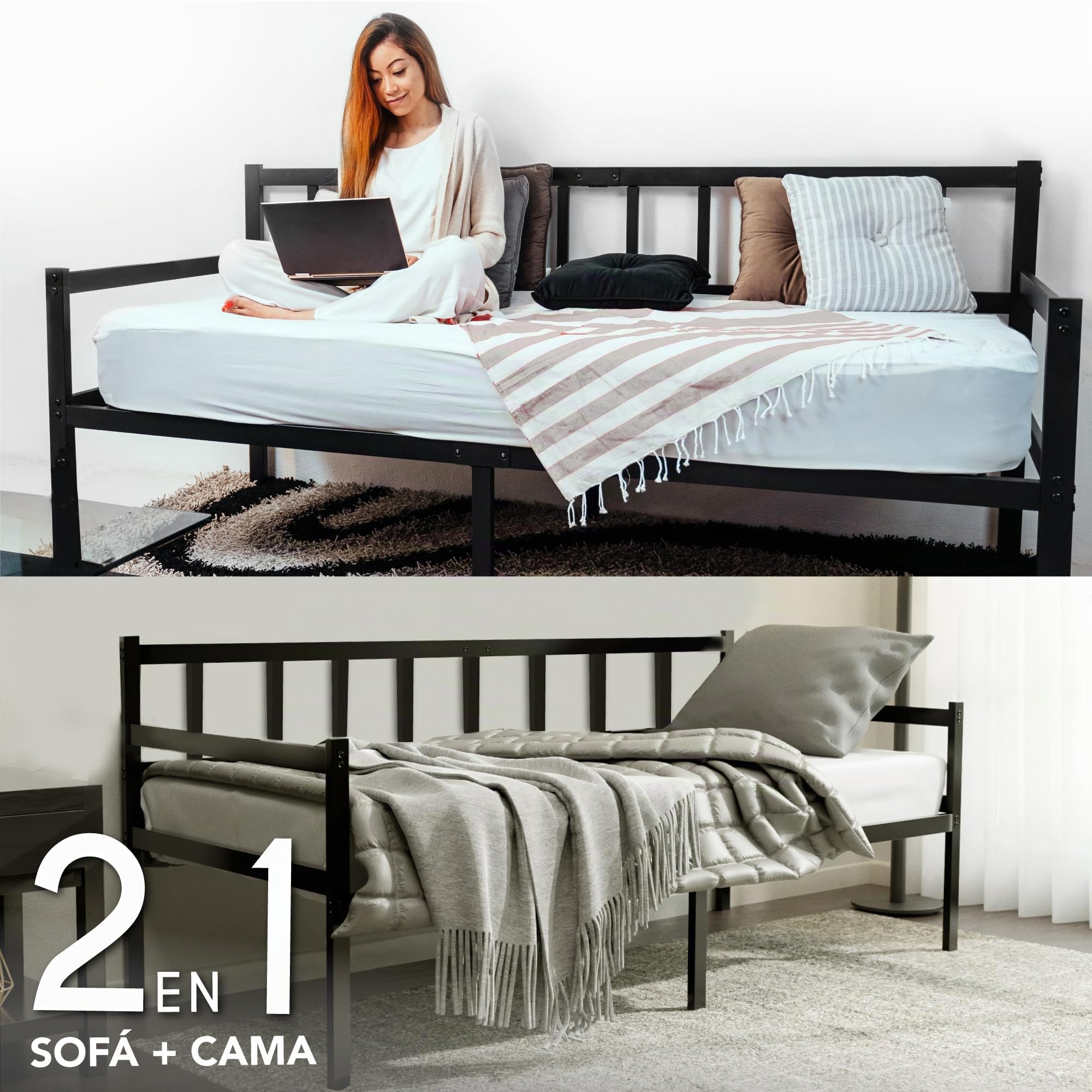 Cama de Asiento 2 en 1 – Cama de sofá 92 x 202 x 36 cm – Marco de Cama para colchón de 90 x 200 cm – Marco de Cama de 1 Plaza con somier – Banco de Cama Individual – Sofá Marco de Metal Negro