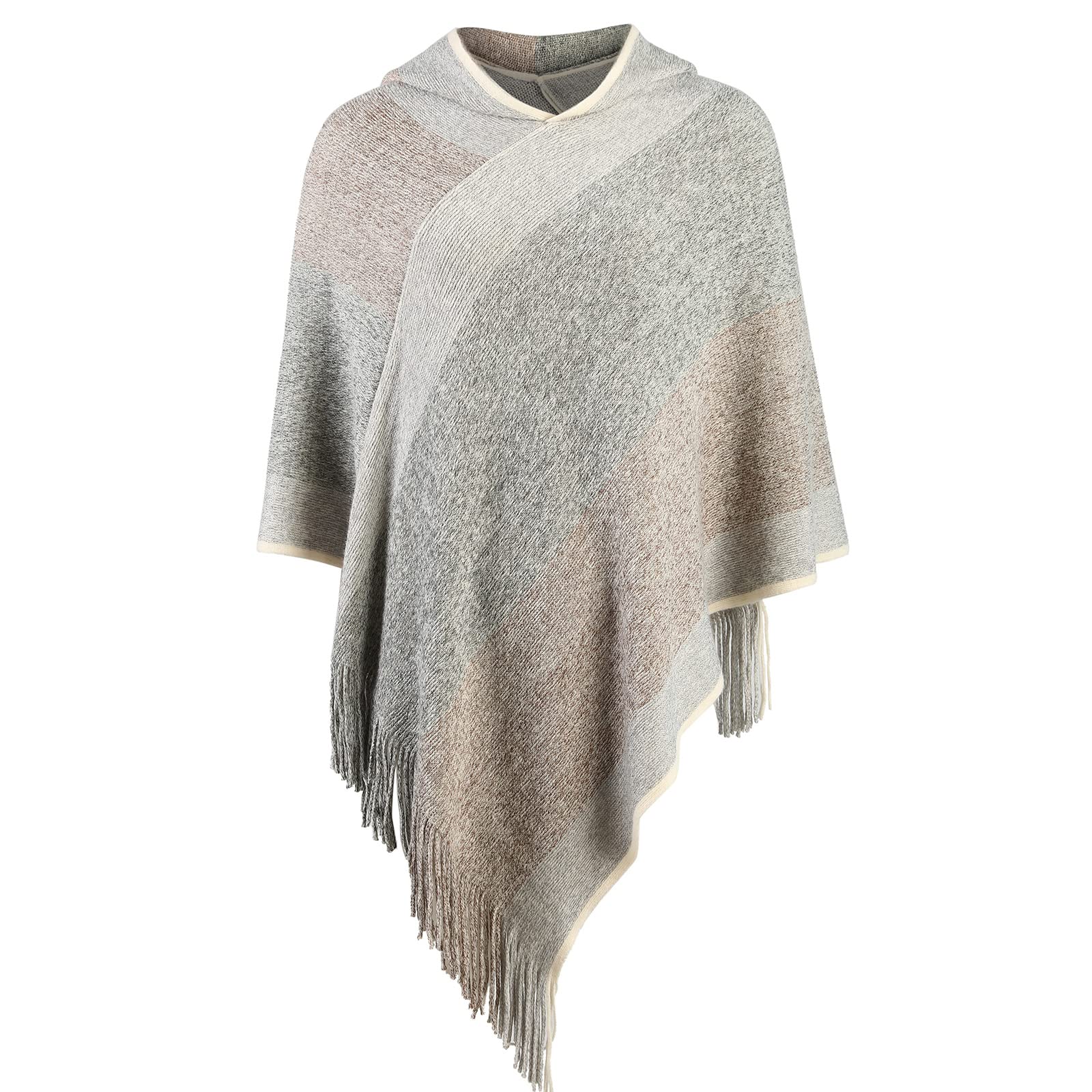 Women's Elegant Knitted Shawl Poncho with Fringed V-Neck Striped Sweater Pullover Cape Gifts for Women Mom
