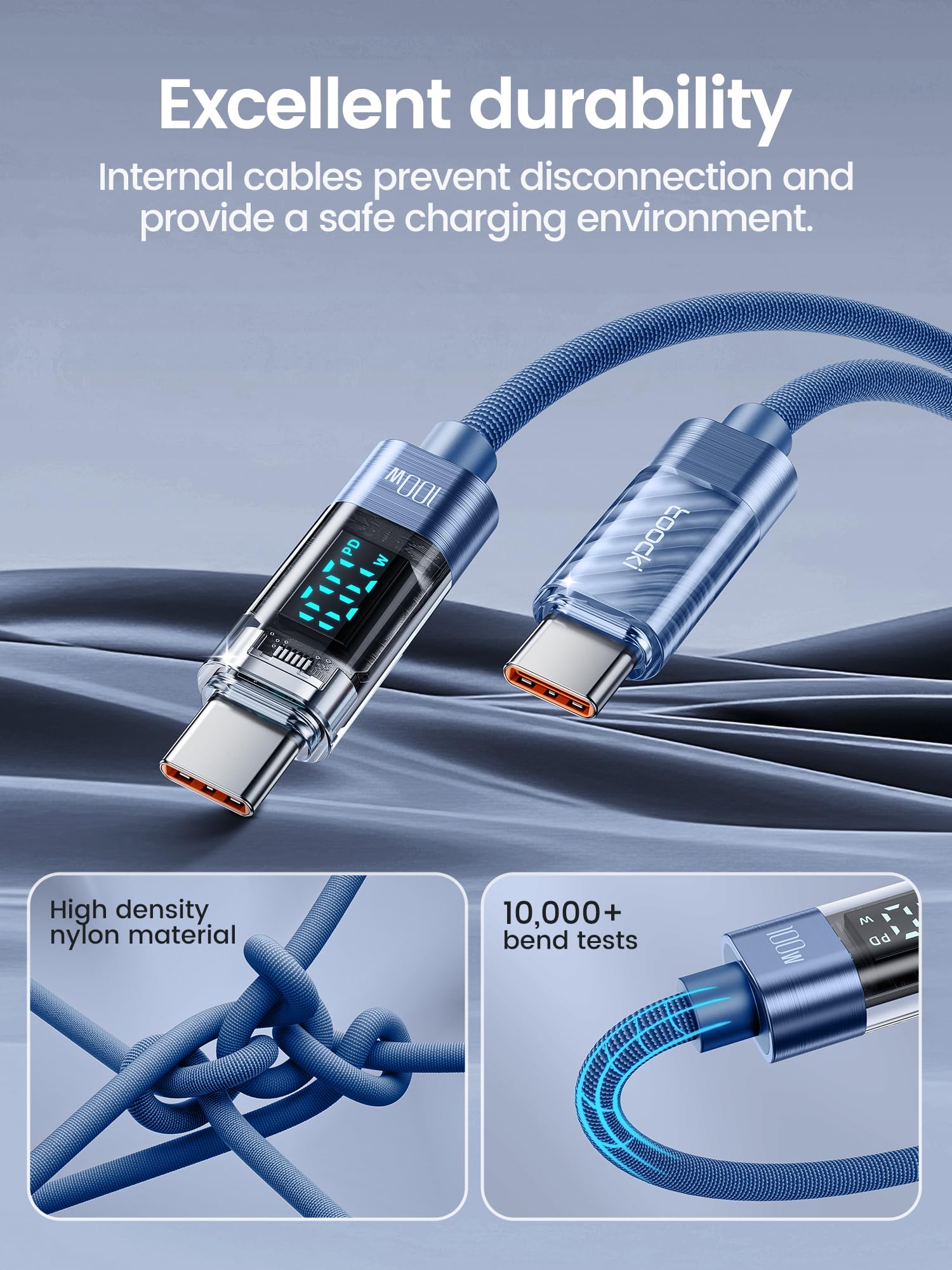 toocki 100W USB C to USB C Cable, 3.3FT 5A Fast Charging USB C Cable with LED Display, Nylon Braided Type C Cable for iPhone 15/Pro/Plus/Pro Max, MacBook, iPad Pro/Air, Samsung S23/S22,Google Pixel Product Image 5