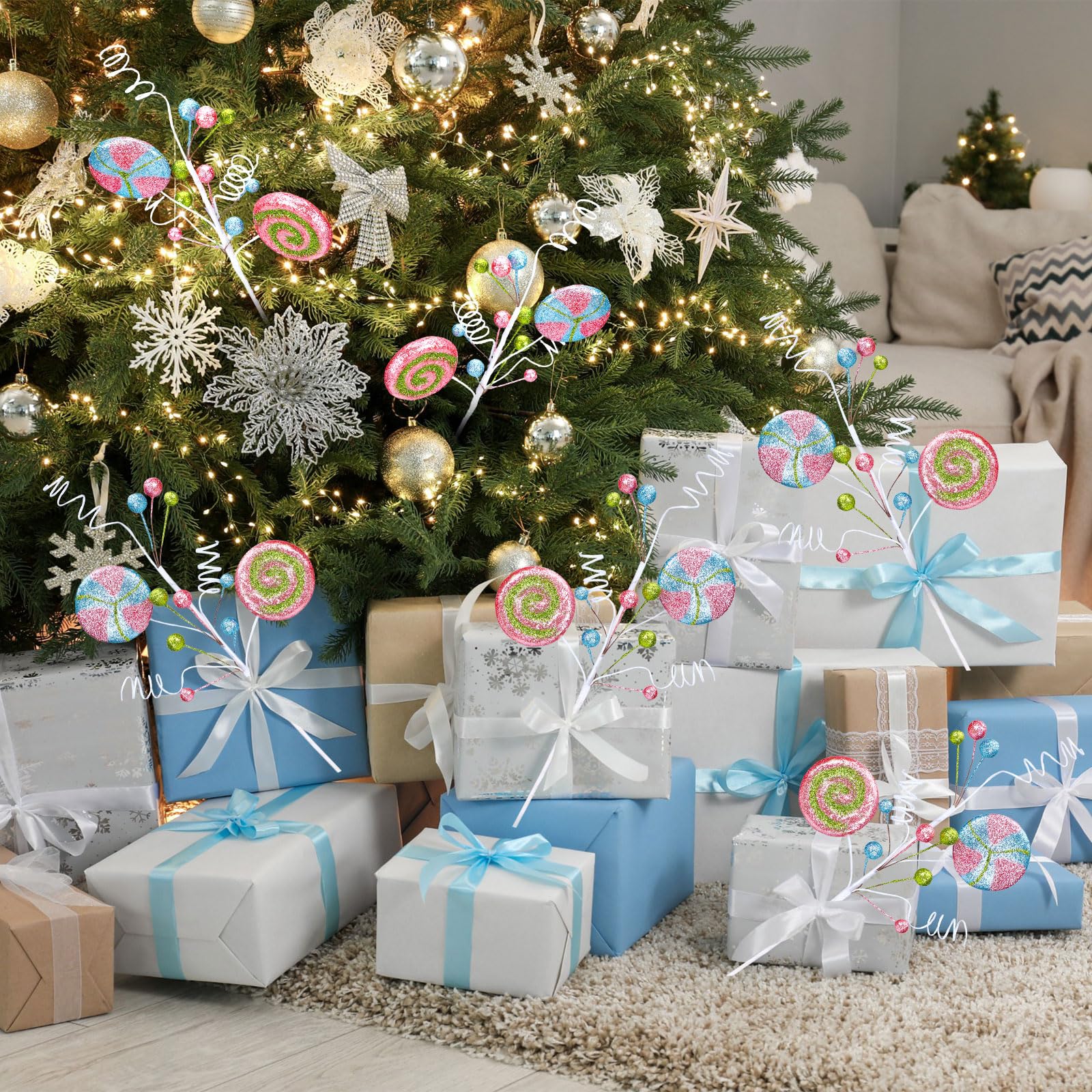 6Pcs Green And White Plastic Candy Cane Christmas Tree Decorations 13cm,Christmas Glitter Candy Cane,Christmas Tree Hanging Decorations For Xmas,New