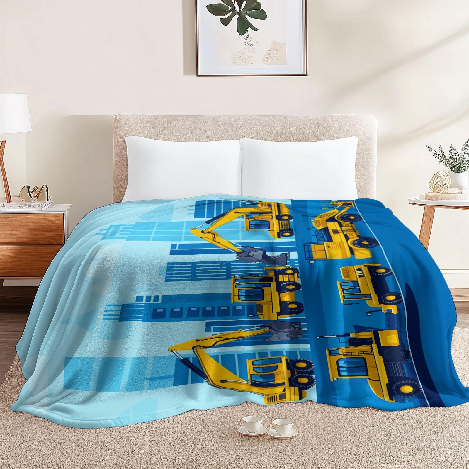Koc polarowy 200 x 220 cm kreskówka pojazd budowlany koc polarowy jasnoniebieski flanelowy koc dla 2 osób, z nadrukiem, miękki i ciepły na sofę łóżko