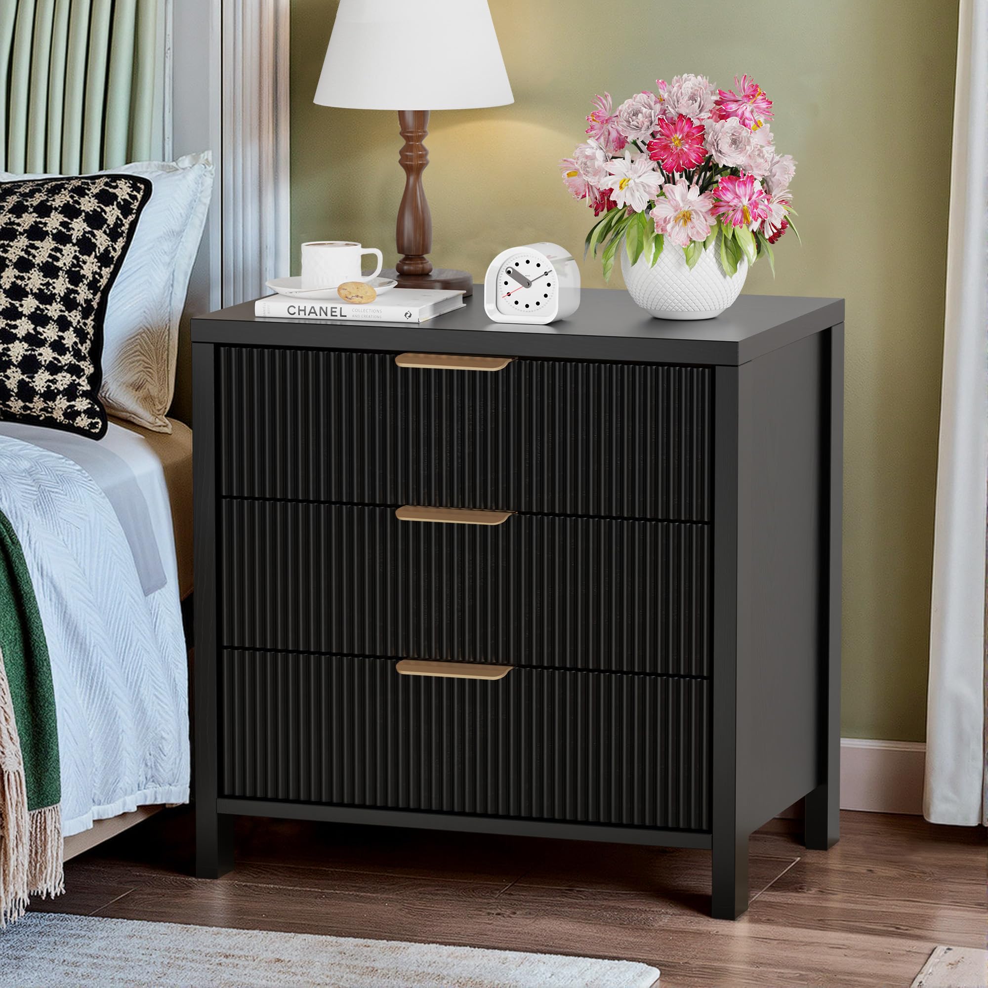 Fluted Nightstand, 23.7'' Wide Night Stand with 3 Drawers, Mid-Century Modern Bedside Table with Handles, Wood End Table for Bedroom, Black