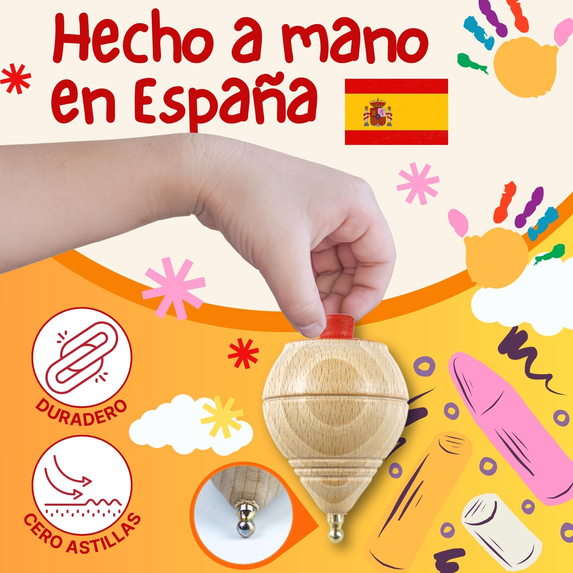 AF® - Peonza Madera, Set 2 Peonzas Niños + 6 Ceras de Colores para Niños + 2 bolsas transporte y 2 arandelas para la cuerda | Personaliza tu Trompo de Madera Tradicional — view 6