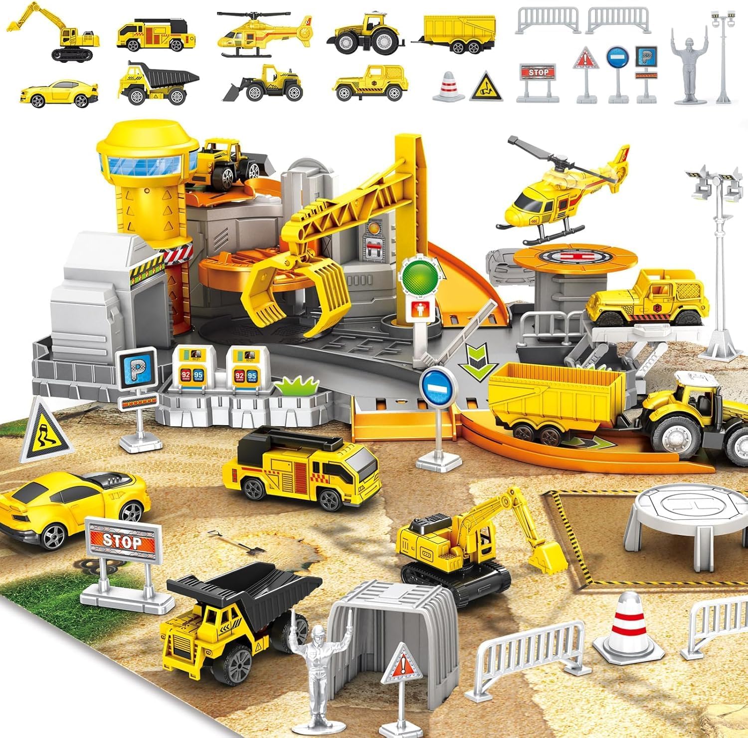Construction Vehicles Track Set with Excavator, Dump Truck, Wheel Loader, Rotating Crane & Play Mat, Learning Educational STEM Building Toy for Kids Ages 3-12 (ASTM Certified)