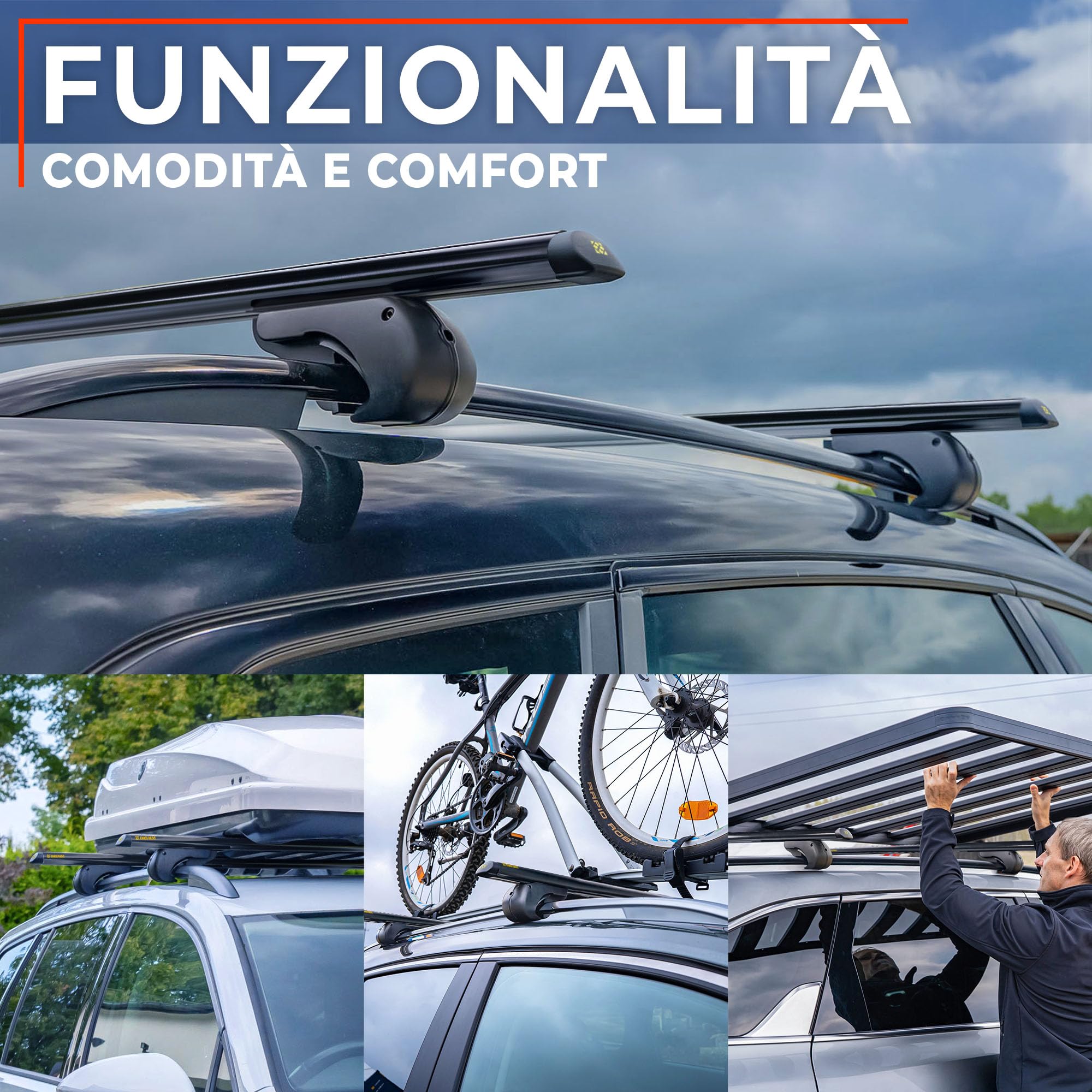 CHAOS RACKS | Universale Portapacchi da Tetto per Barre Longitudinali Aperte; Barre Portatutto | Trasporta in Sicurezza Box da Tetto, Portabici | Struttura Leggera e Resistente in Alluminio | 120 cm