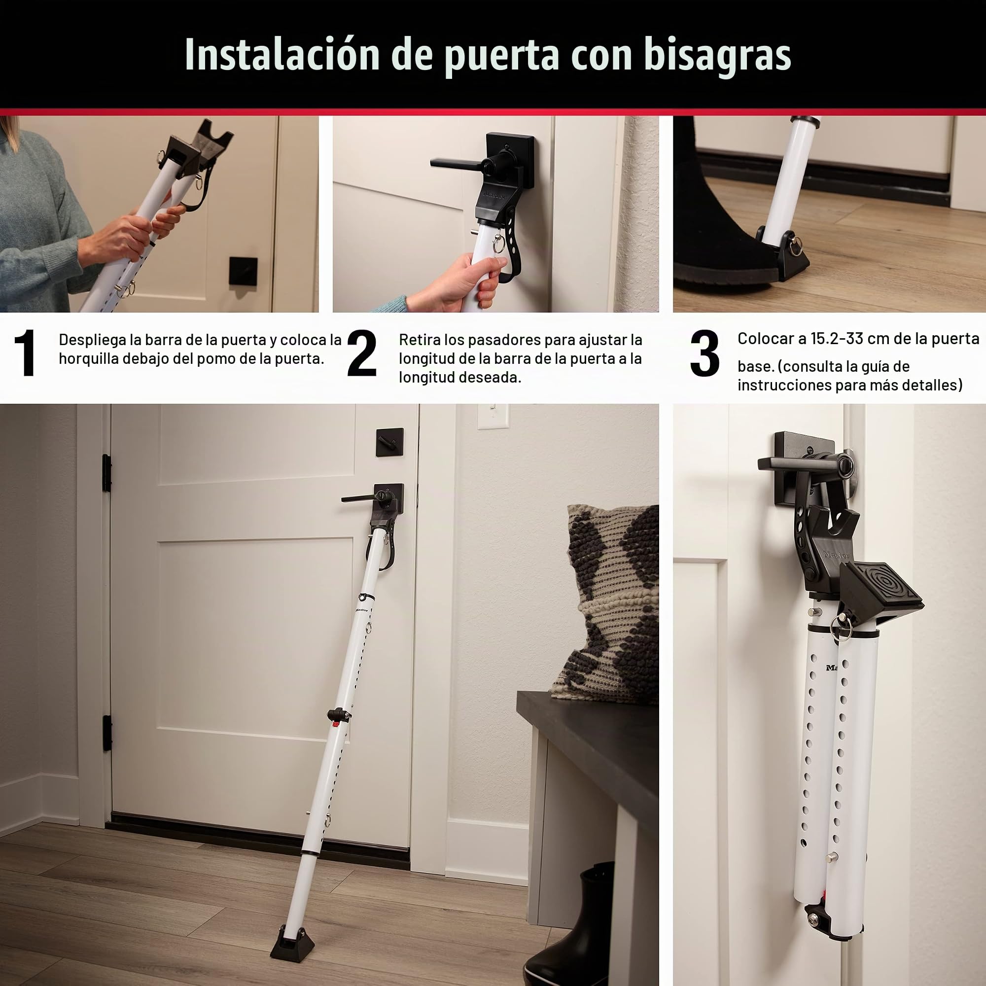 Master Lock Tope de puerta compacto, barra de seguridad plegable, ajustable para puertas batientes y correderas, color blanco