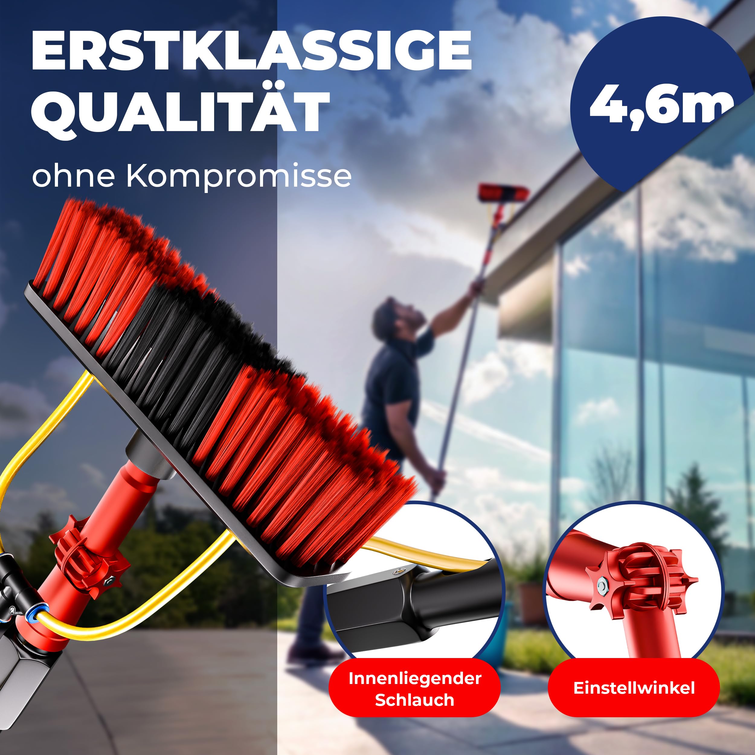 Teleskop Waschbürste | 4,6 Meter | Aluminium | Als Wintergarten Reinigungsset | Terrassendach Reiniger | PV Anlage Reinigung | Waschbürste mit Teleskopstiel | Teleskopbürste mit Wasseranschluss