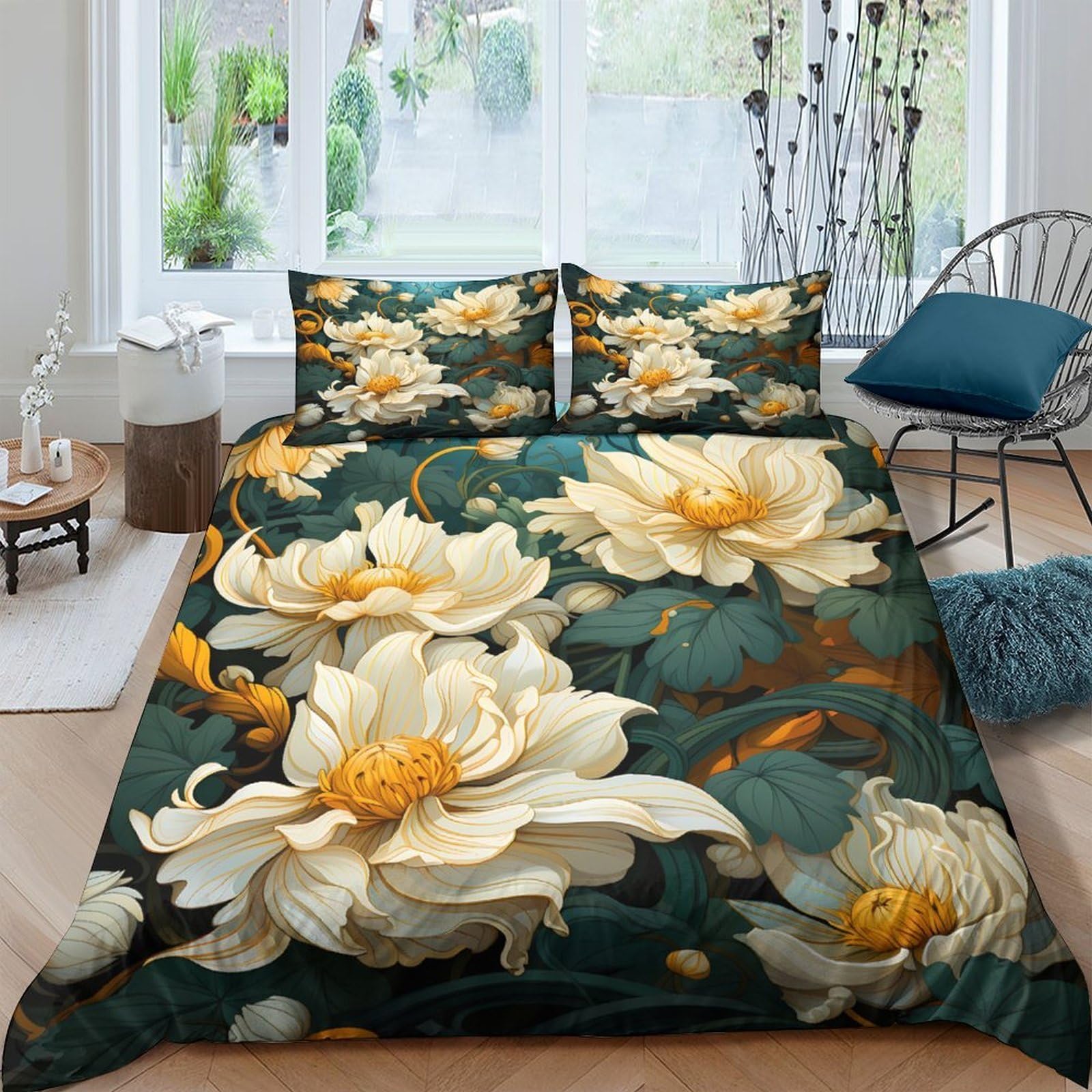 GPLZQXKJNH 3D Printed Yellow Flower Duvet Cover Microfiber Soft Breathable Lotus Bedding Set with 2 Pillowcases for Bedroom Decor Single（135x200cm）
