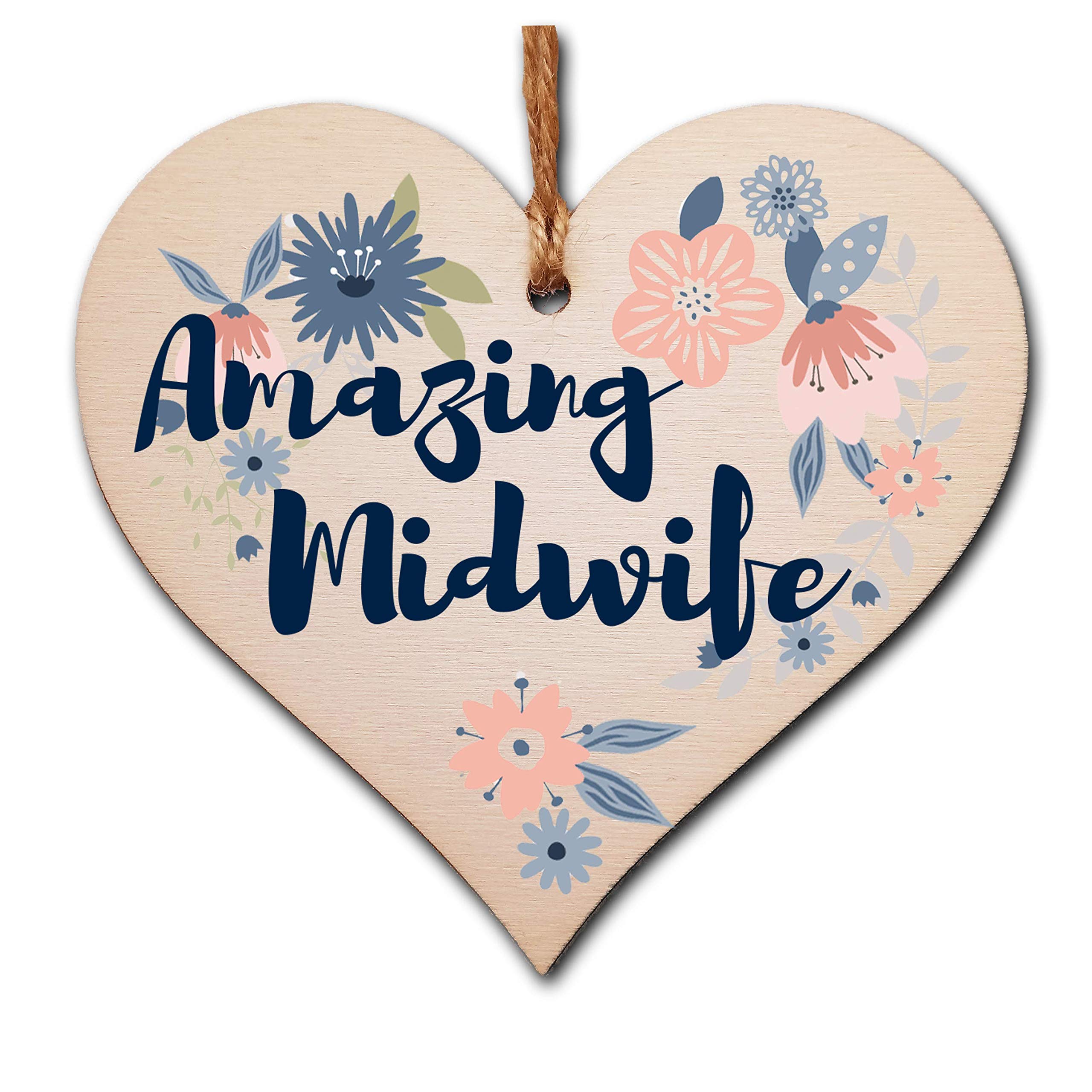 The Plum Penguin Handmade Wooden Hanging Heart Plaque Gift Amazing Midwife Thank You Special Someone Present Floral Style From New Mum Parents