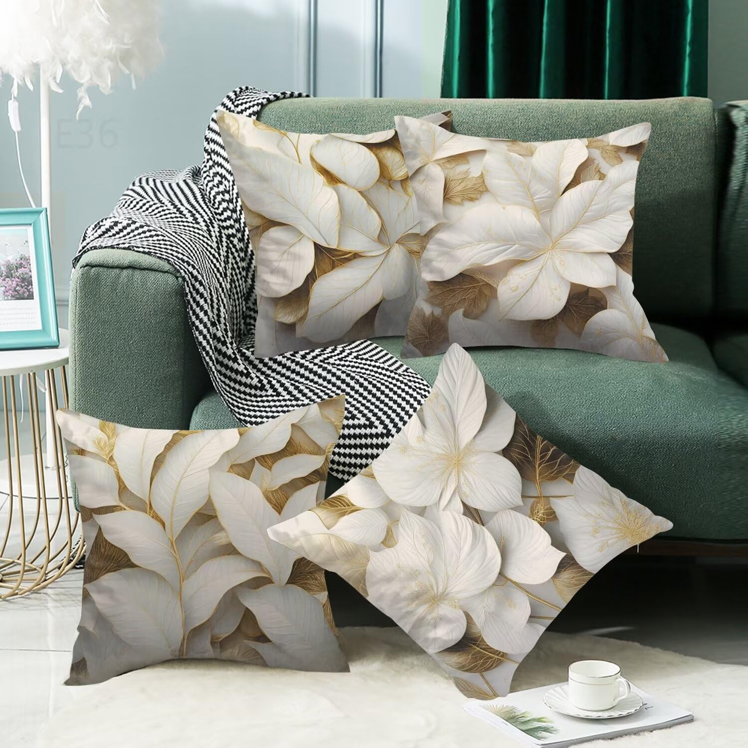 Bianco Federe Cuscini Divano 60x60cm,4 Pack Foglia Estate Esterno Cuscini per Divano,Doppio Lato Quadrato Morbido Cuscini Divano,per Divano Soggiorno Sedia Autunno Dekoration Cuscino,Regali LY-36