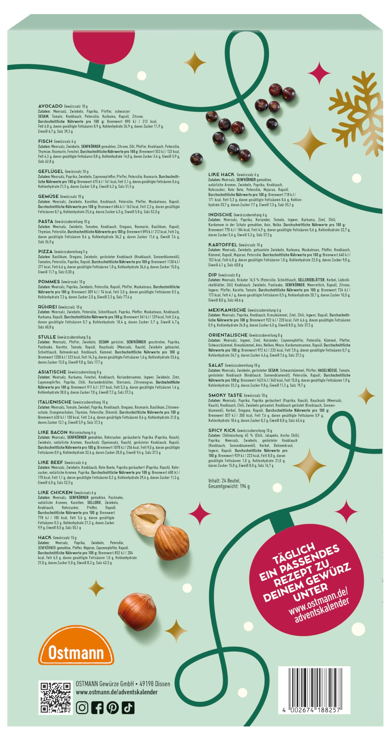 Ostmann Gewürze - Adventskalender 2025 | Gewürzkalender mit 24 abwechslungsreichen Gewürzmischungen zum Probieren | Leckere Rezepte zu jedem Gewürz | Geschenkidee für Advents- & Weihnachtszeit