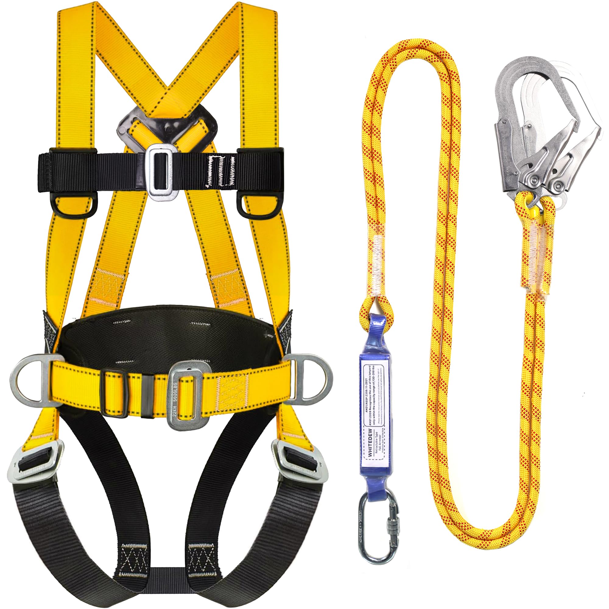 Yellow Safety Harness Fall Protection Kit with Shock Absorbing Lanyard