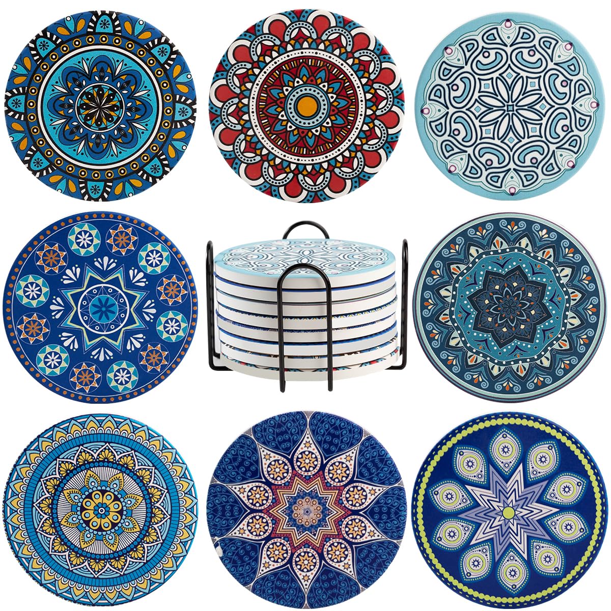 The colourful saucer of a mandragora - set of 8 cork, ceramic and glass, 4 inch mandala pattern, ideal for cups, vases and candles, housewarming gift for birthday, kitchen and living room decoration