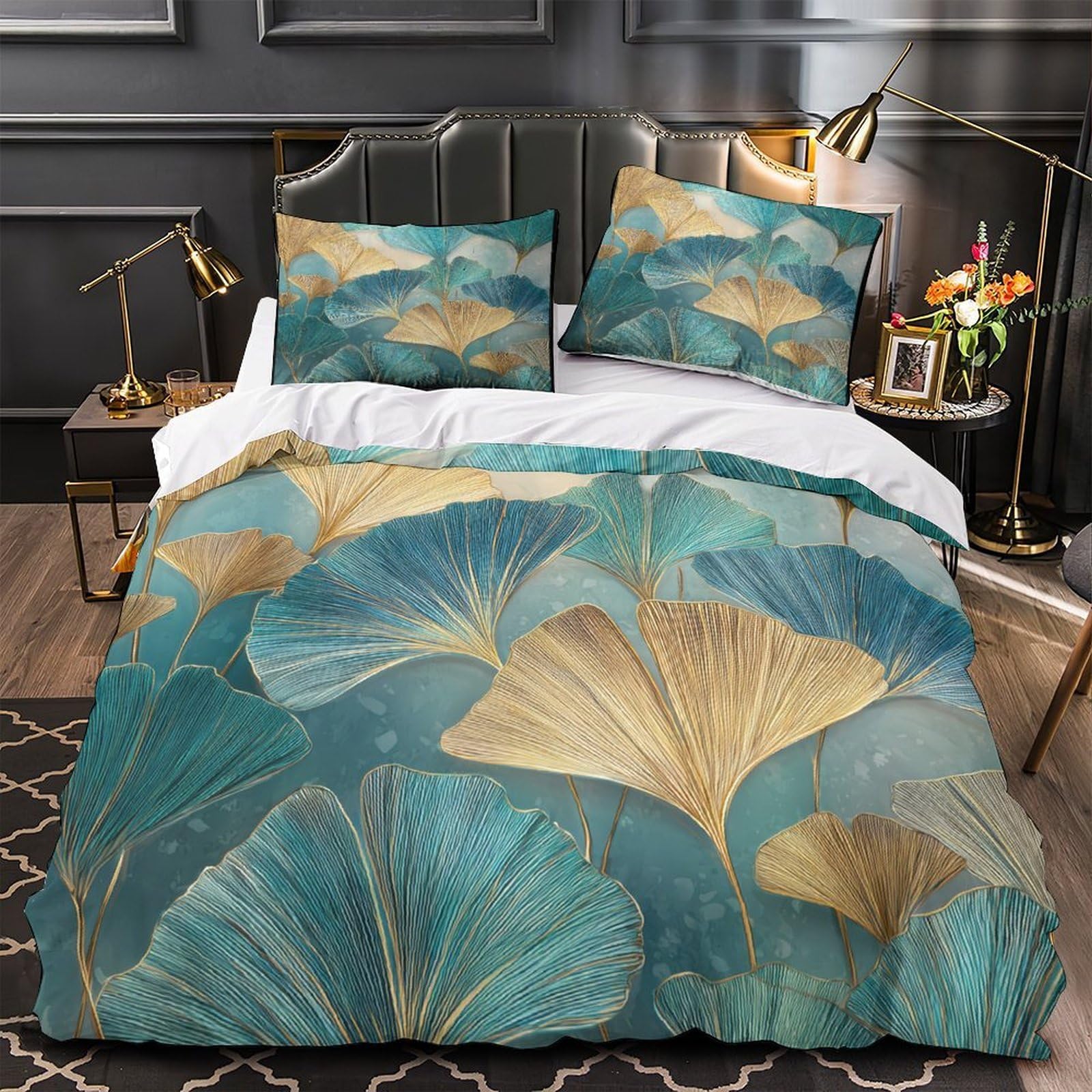 3D Design Printed 3 Pcs Bedding Set Bedroom Decor Zipper Ultra Ginkgo Leaves Duvet Cover Breathable Durable for Youth,Children,Girls Blue istic Comforter Cover Double（200x200cm）