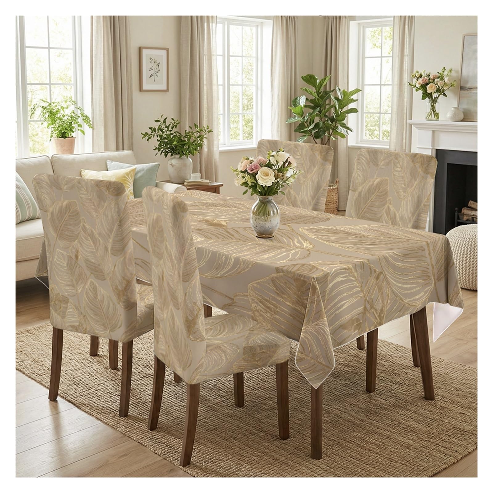 KXUAUV Beige Gold Tropical Leaf Print Stretch Dining Chair Covers Tablecloth Set, For Kitchen Dining Living Room Elegant Decor, 5/7 Pack Party Decor(5pcs Set: Tablecloth+Chair Covers)