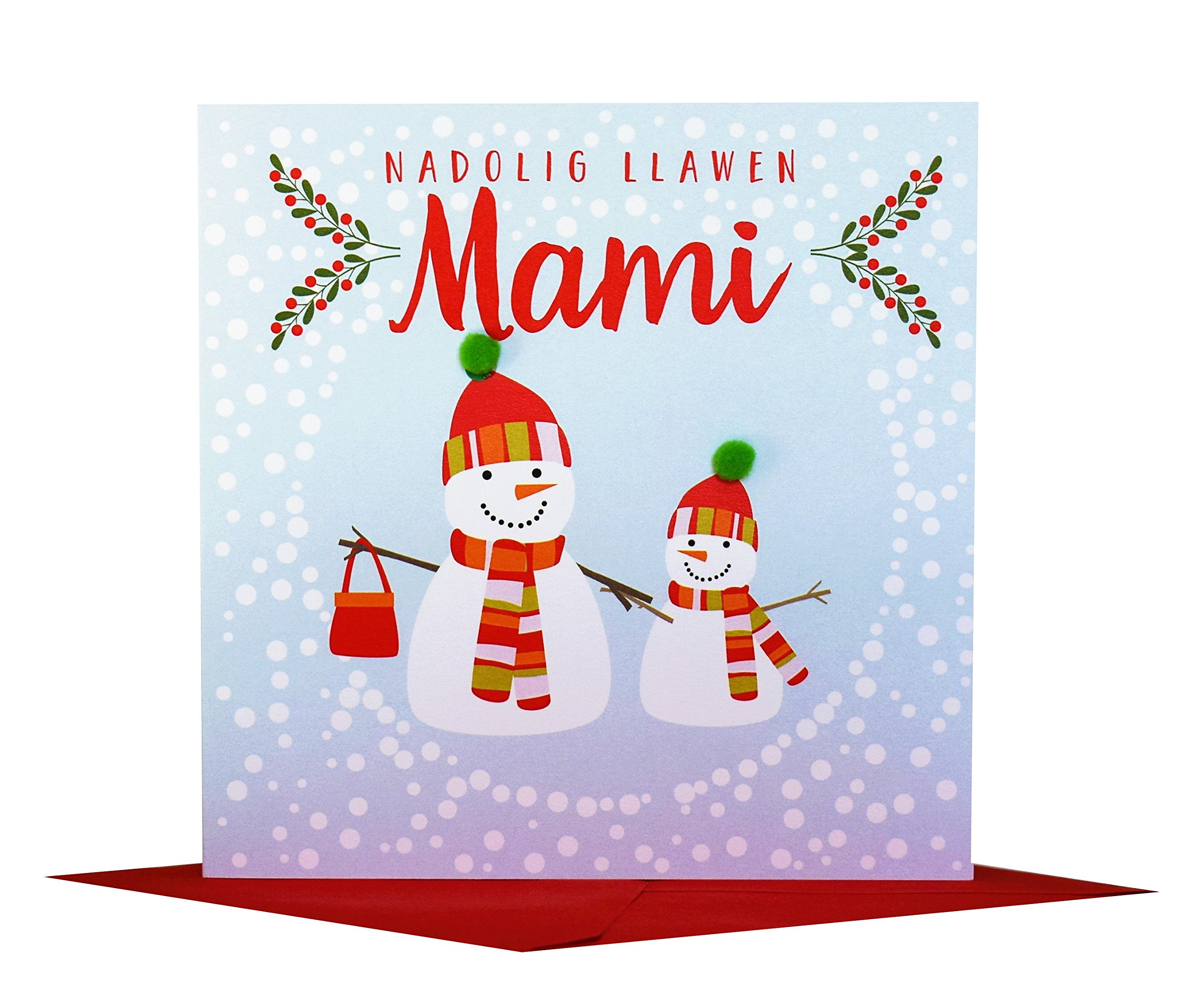Claire Giles Greeting Cards, Welsh Happy Christmas Mummy Card, Nadolig Llawen Mami, Big snowman design xmas Greeting Card, Embellished with Colourful Pompoms