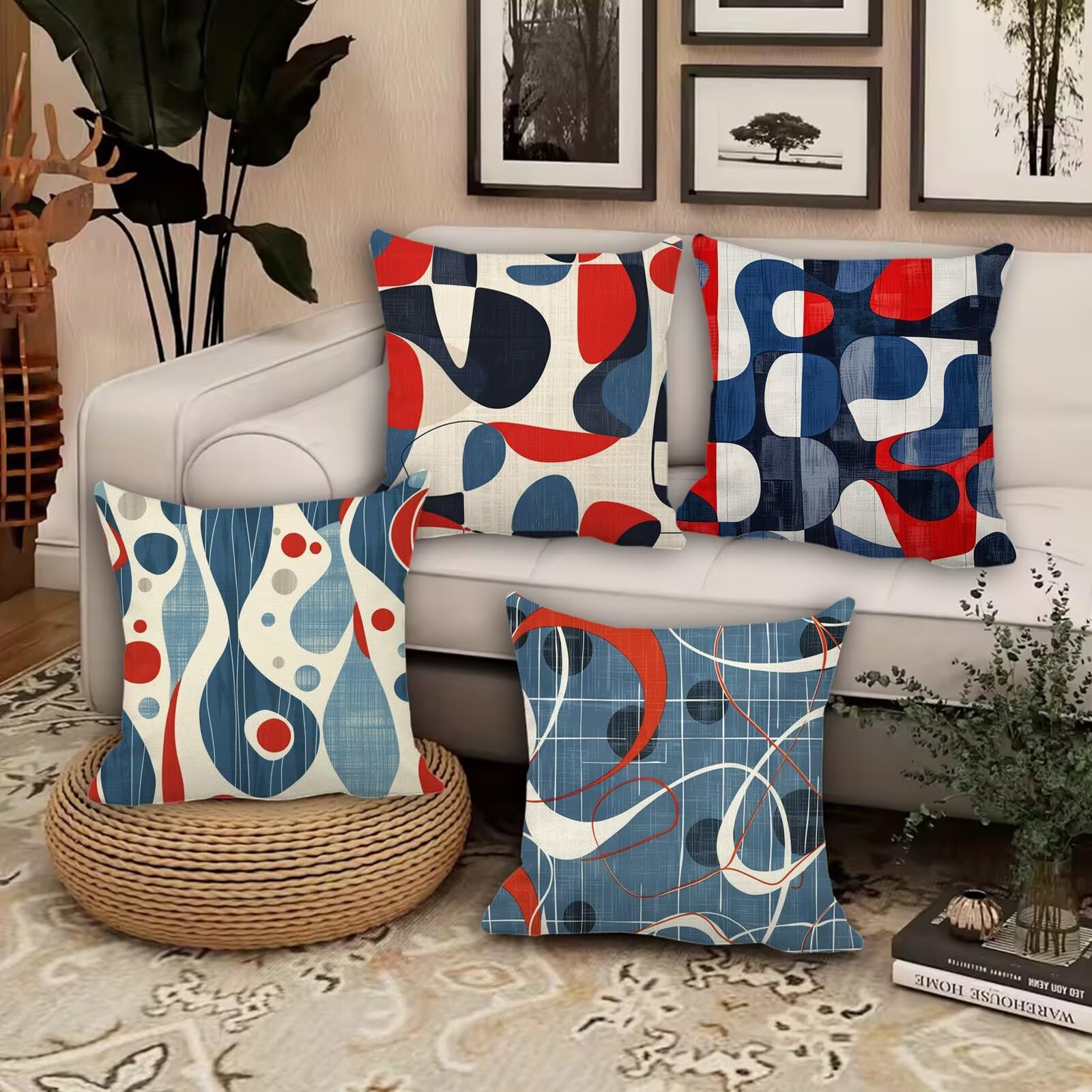 Juego de 4 cojines impermeables para exteriores, 24 x 24 pulgadas, fundas de almohada geométricas de doble cara para patio, jardín, sala de estar, decoración de verano, sofá y cama