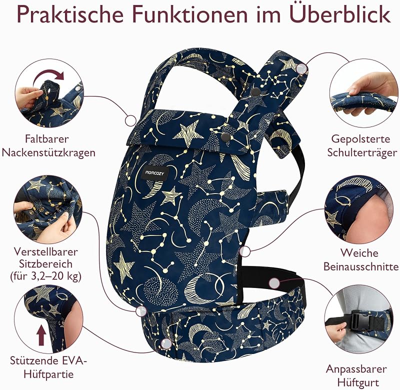 Momcozy Ergonomikus Babahordozó - 3-20 kg, Könnyű, Kényelmes, Csillagos Éjszaka Mintával, Szabadkezes Szülőséghez, Egyszerű Használat