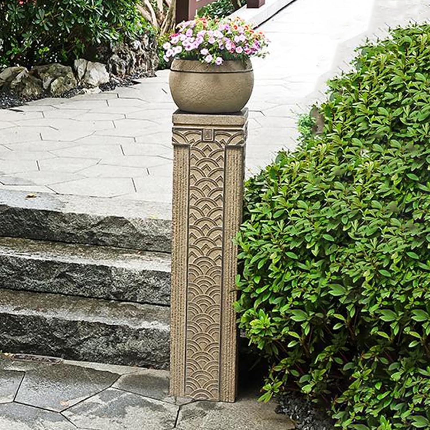 ARCVOX Traditional Asian Chinese Garden Pedestal Column, Synthetic Stone Design, Versatile Pedestal for Home and Garden Decor(Size L)