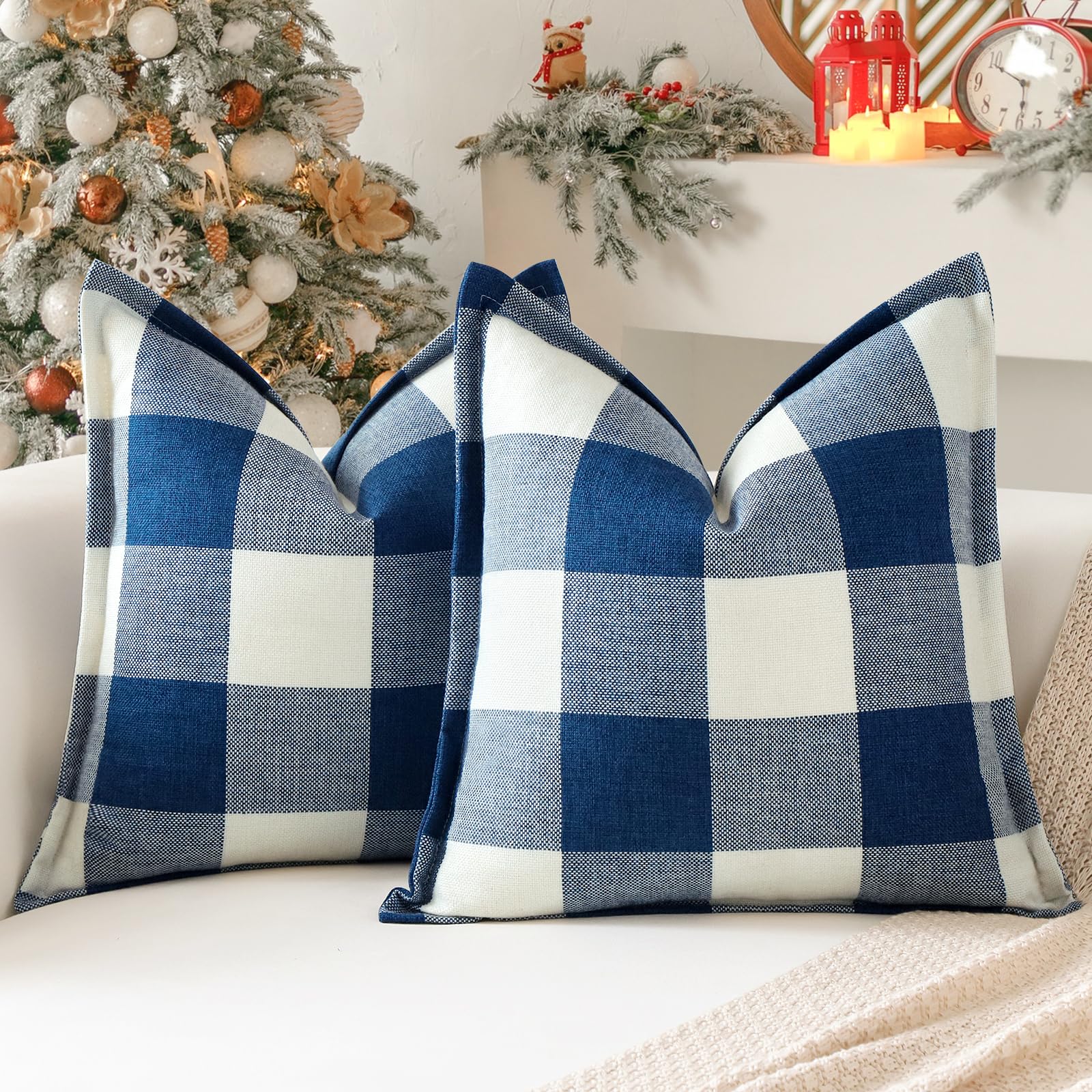 Sungeek Buffalo Check Plaid Cushion Covers 60 x 60 Set of 2 Linen Christmas Tartan Decorative Square Pillow Covers with Stitched Edge for Sofa Couch Bed Living Room 24x24 Inch (Blue)