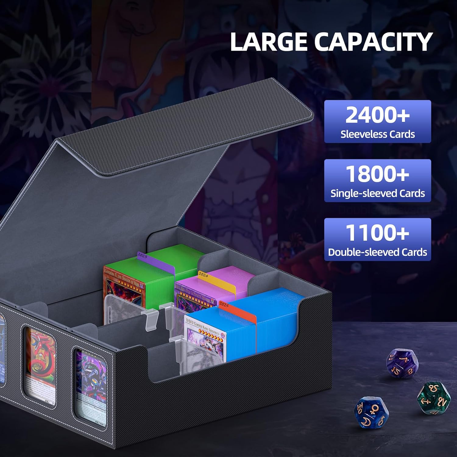 TopMade MTG Deck Box with Commander Display for Trading Cards 2400+ with 18 Colorful Divider, Leather Magnetic Commander Trading Card Storage Box for YuGiOh, MTG, TCG and Sport Cards - Black & Grey