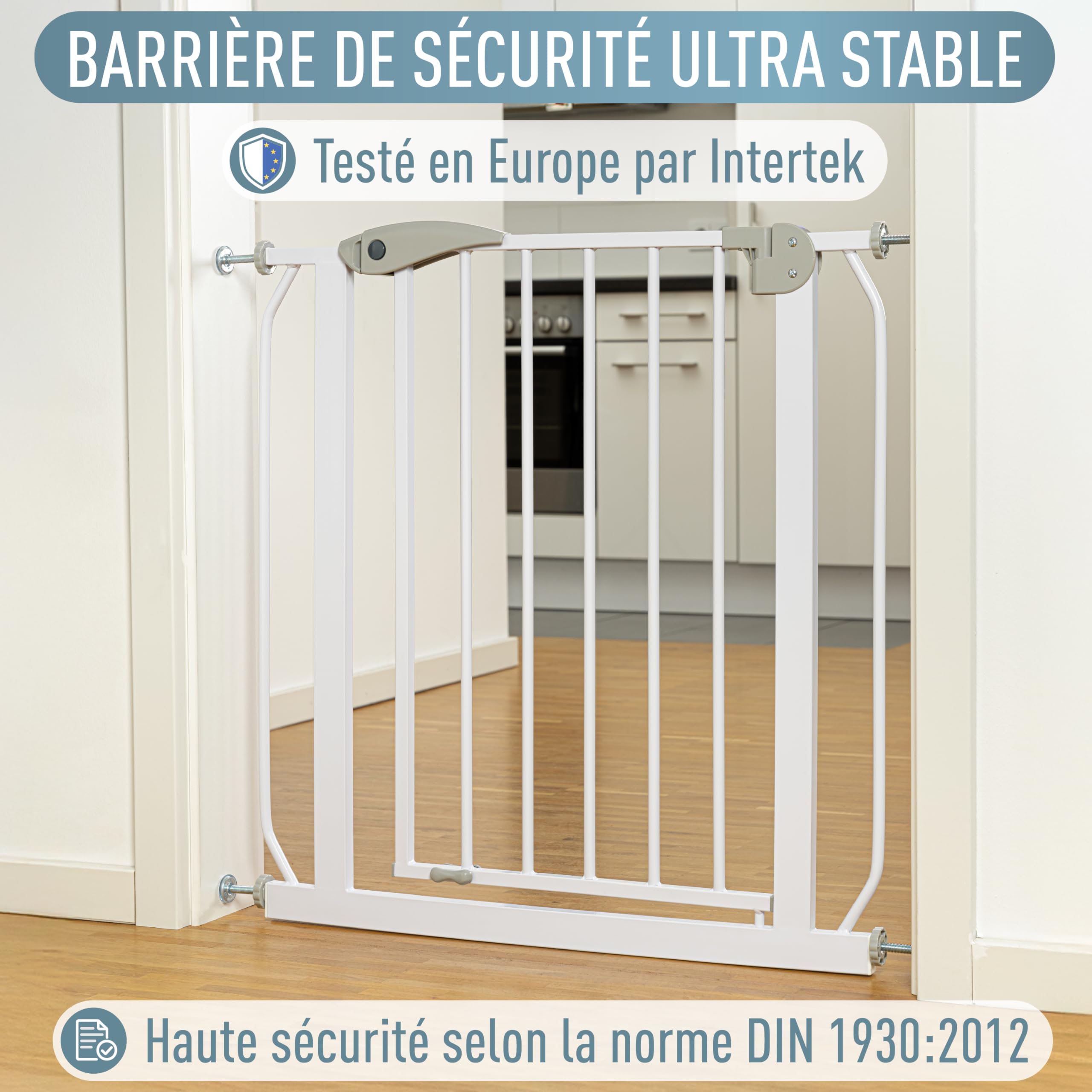 IB STYLE Barrière de Sécurité Berrin 58-185 - Barrière d'escalier, sans Perçage, Fixation par Pression, pour Enfants 6 a 24 Mois, Blanc Gris, 85-95 cm