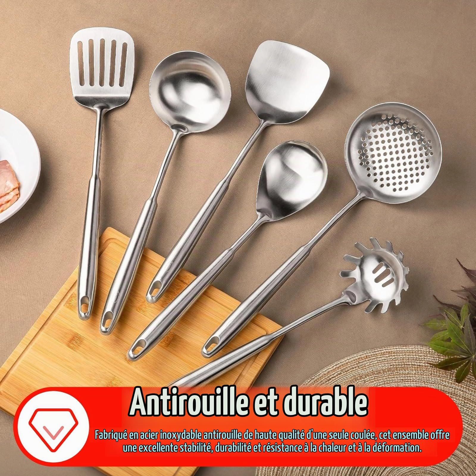 Set of 6 Stainless Steel Kitchen Utensils Spatula Ladle Spoon | Professional Dishwasher Handle Stainless Steel Kitchen Utensils, Long Anti-Burning for Wok Cast Iron Frying Pan Non-Stick