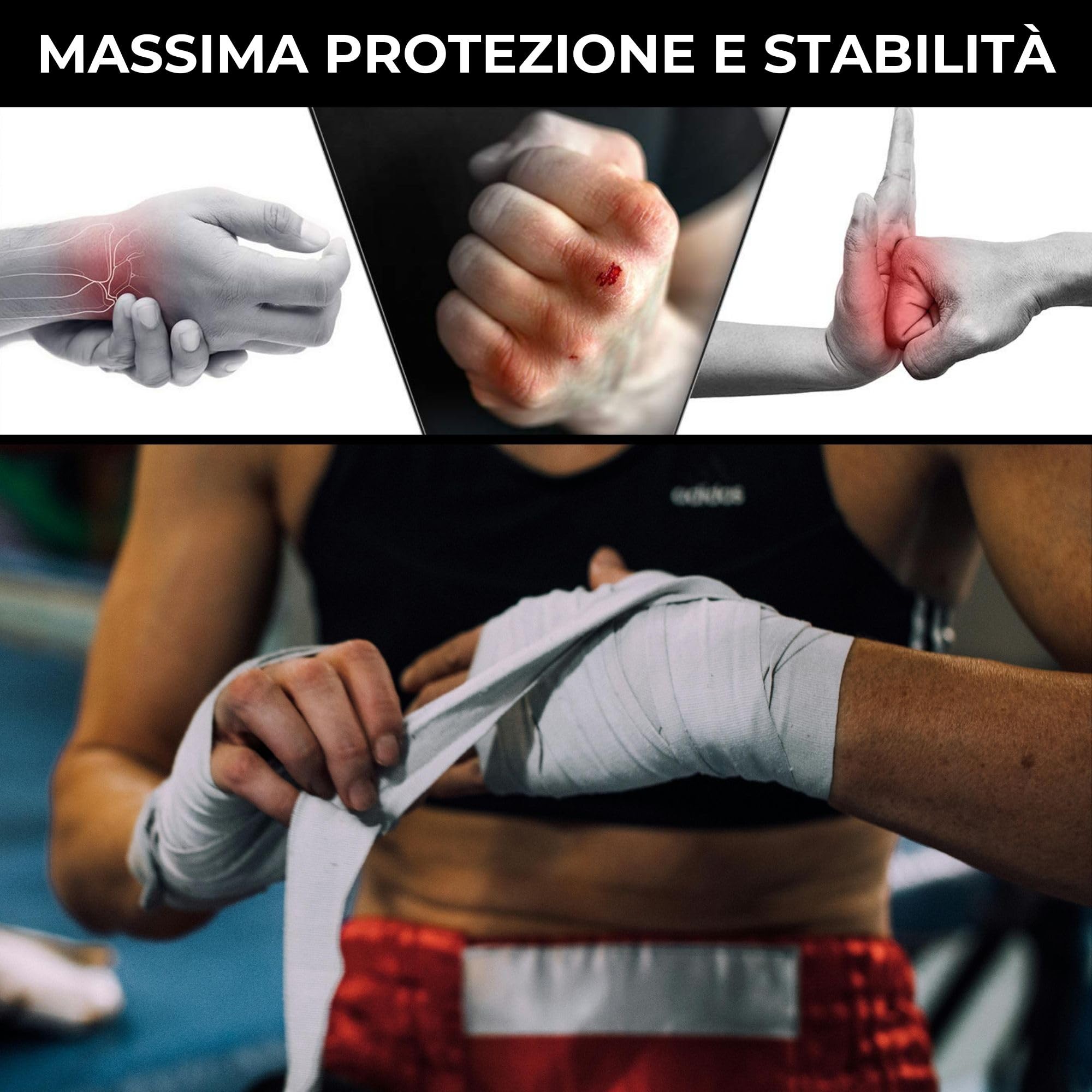 Fasce Boxe 5 Metri Semi-Elastiche e con Passante per Il Pollice. Bendaggi Boxe Uomo e Donna (Kick Boxing, Muay Thai, MMA, Arti Marziali, fitboxing). Nastri Boxe Traspiranti