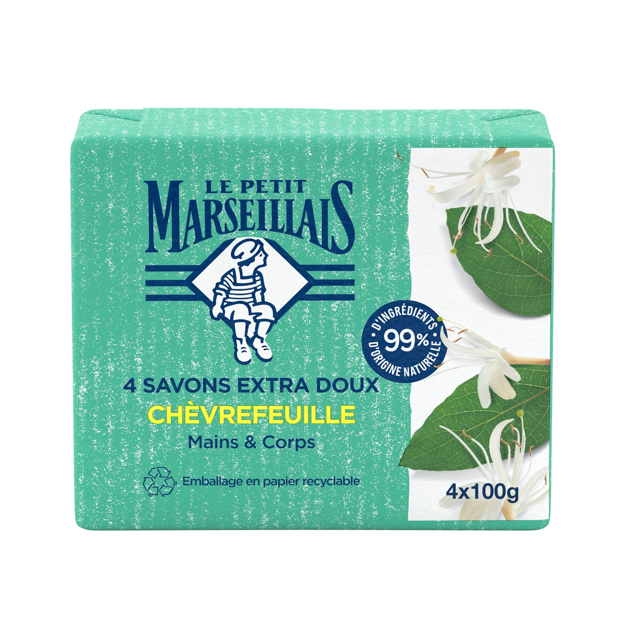 Le Petit Marseillais | Wyjątkowo miękkie mydło wiciokrzew (4 bochenki po 100 g) - Solidne mydło do rąk i ciała z 99% naturalnych składników - opakowanie papierowe nadające się do recyklingu
