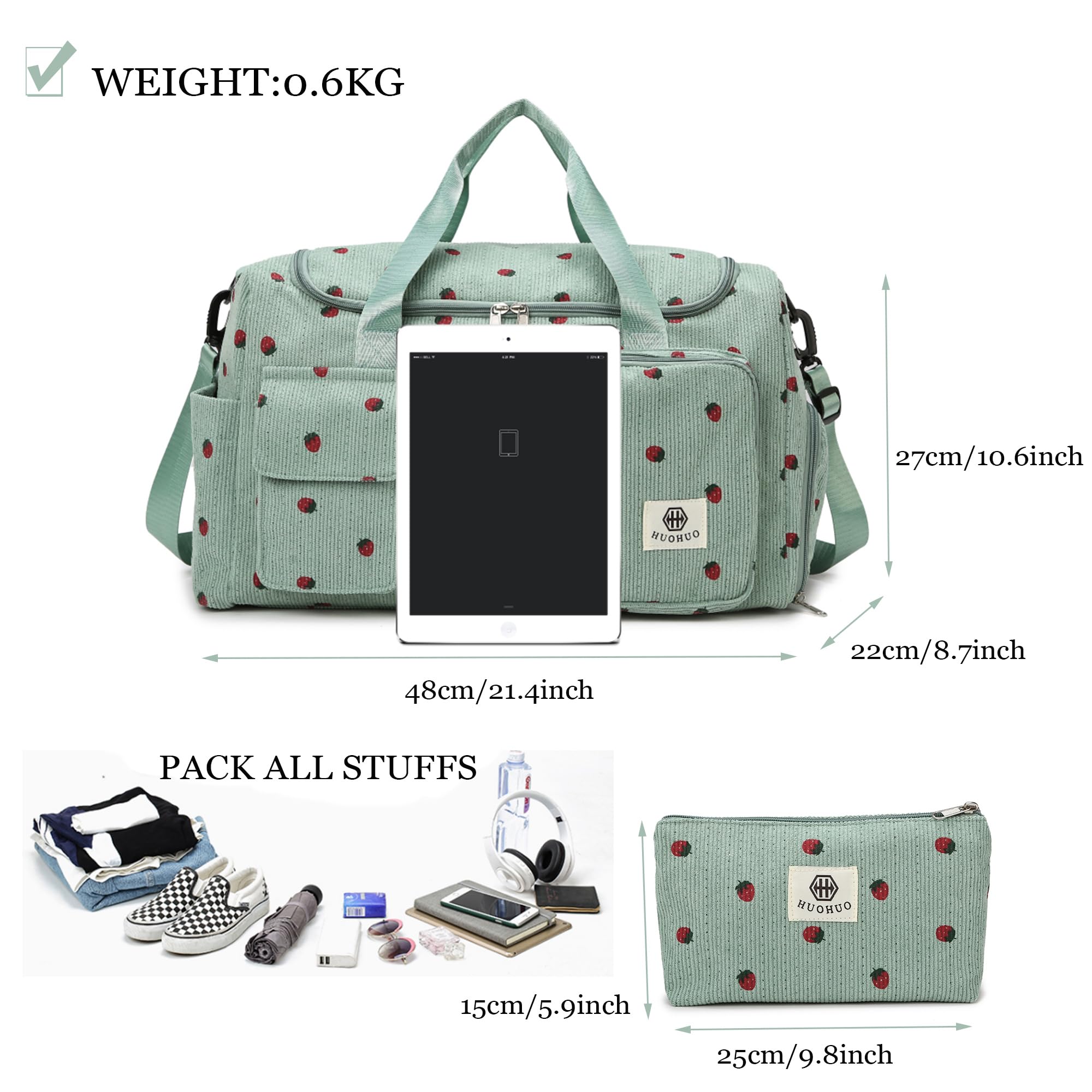 Suweir Sporttasche Kinder Reisetasche Mädchen Damen mit Schuhfach und Nassfach Cord Schwimmtasche Weekender Travel Bag Erdbeere Handgepäck Tasche Geldbörse für Reisen, Fitness, Sport Schwarz Rosa